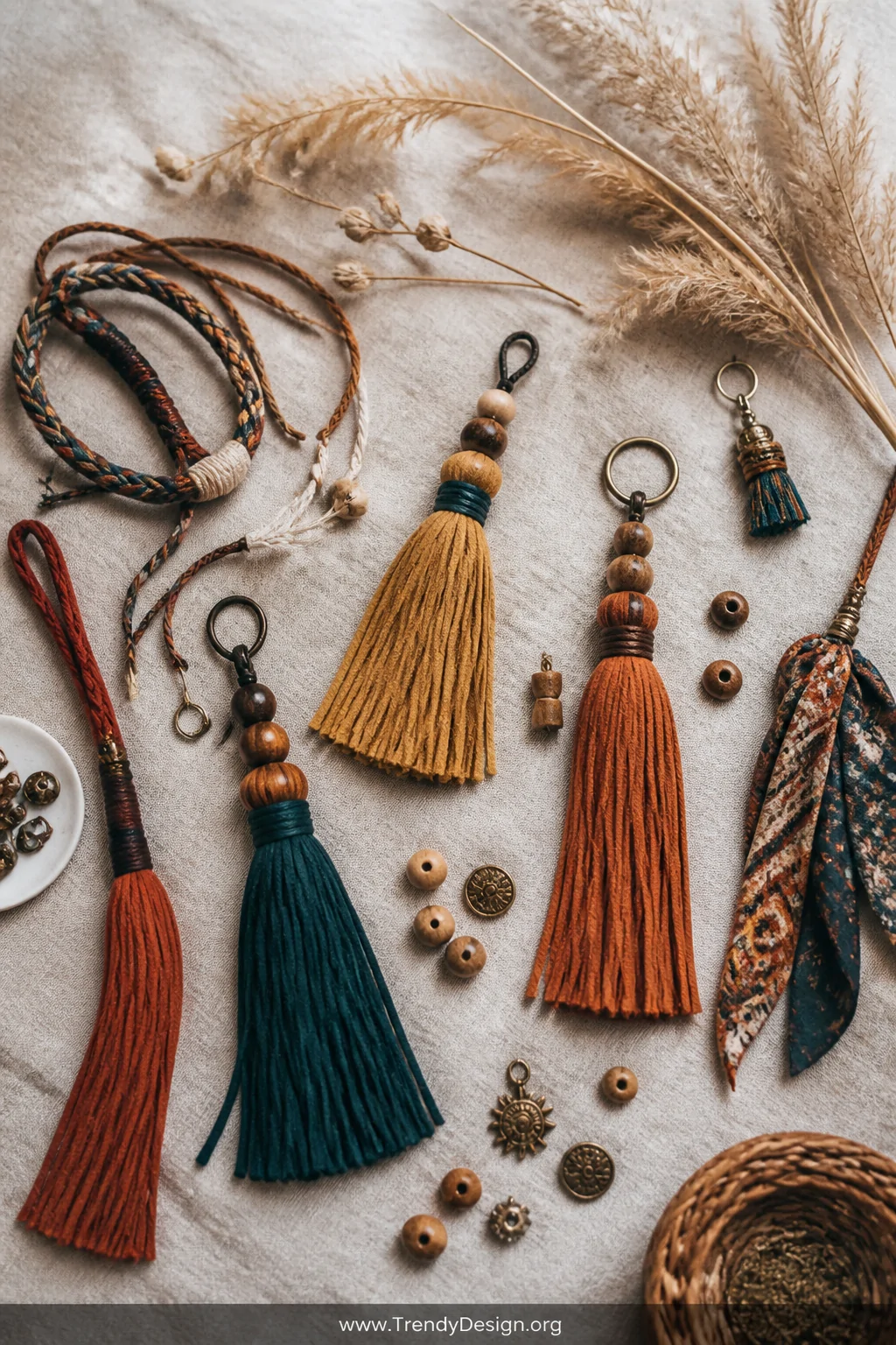 A wide bohemian-styled studio flat-lay shot on a weathered linen surface featuring an array of handcrafted leather, suede, an