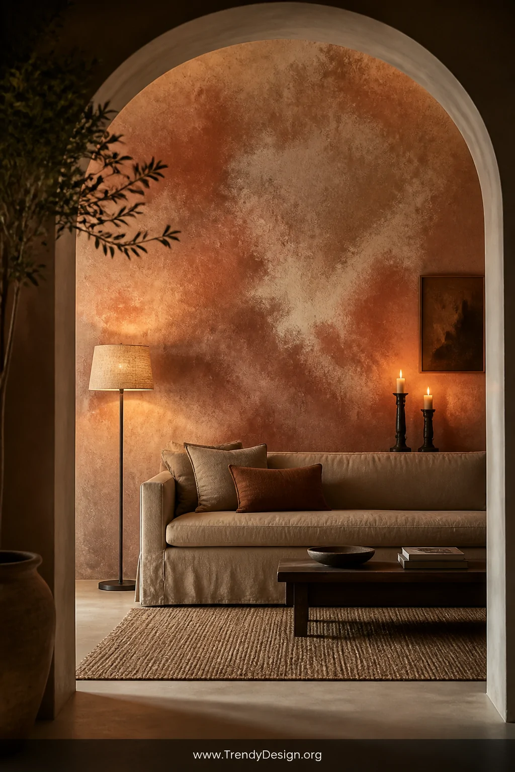 A moody, elegant living room wall finished in layered terracotta and ivory limewash paint, the cloudy organic texture glowing