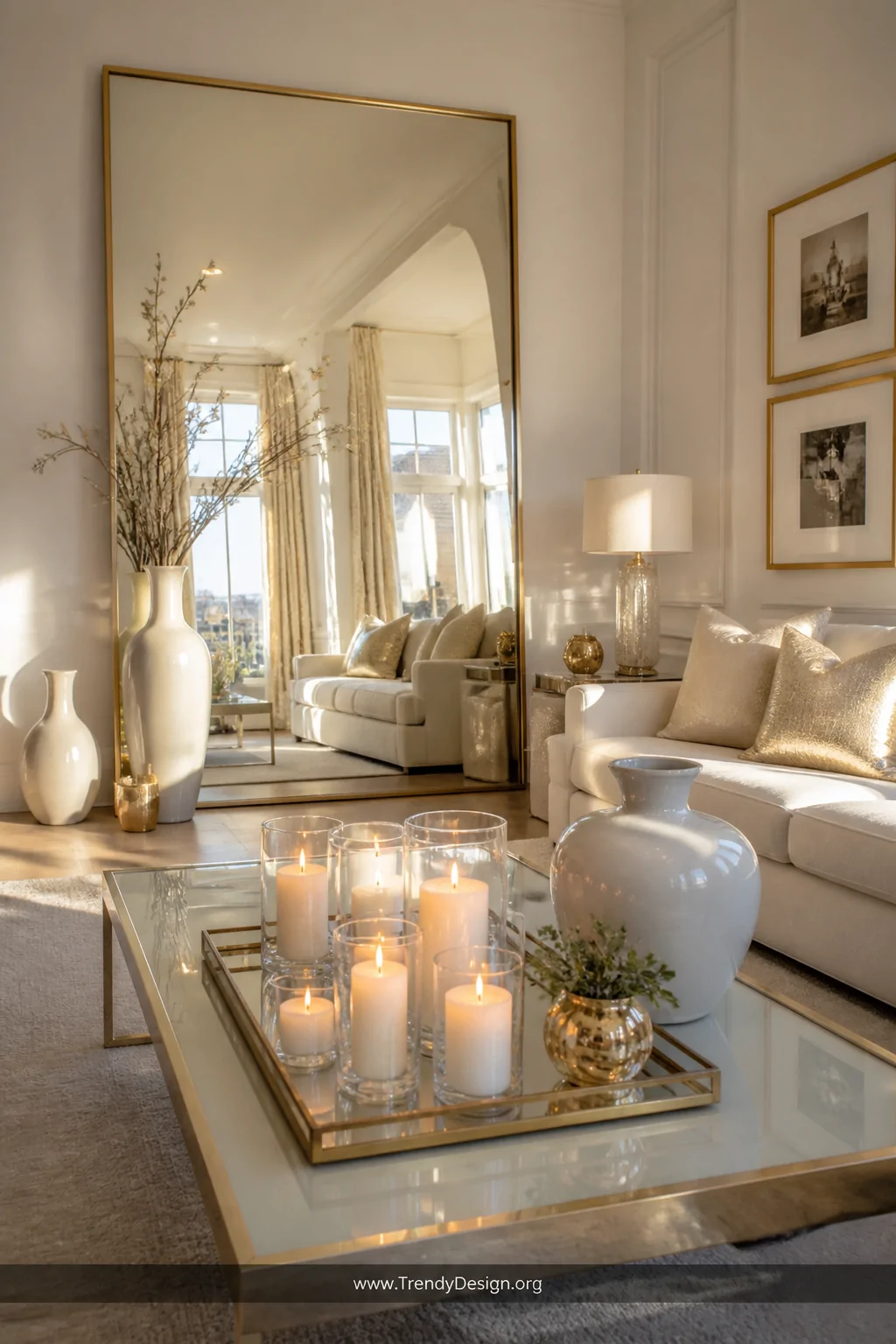 Wide shot of a bright living room interior featuring an oversized leaning mirror positioned directly across from a clustered 