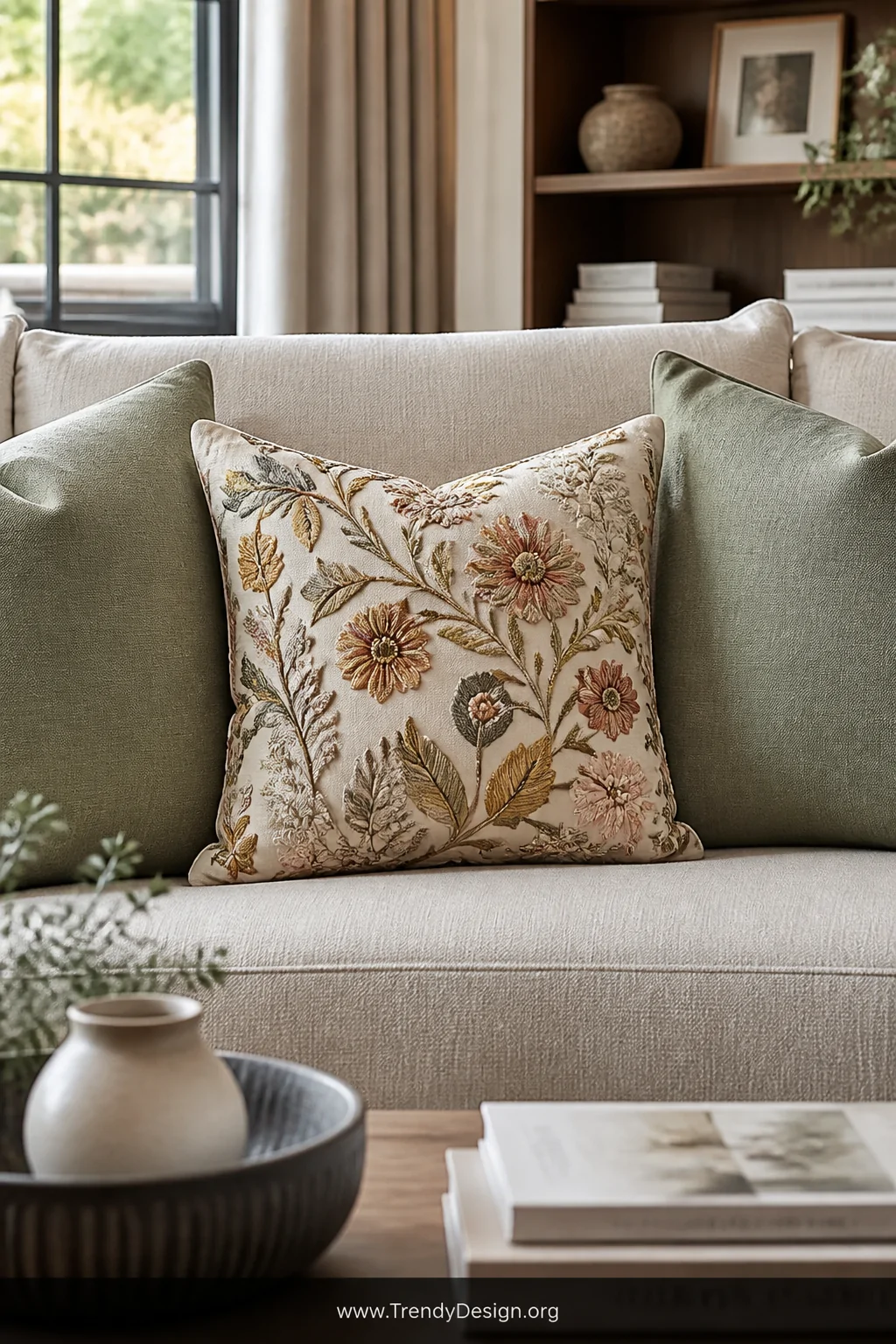 Medium shot of a living room sofa with three cushions styled as a deliberate display   one detailed cream pillow case with in
