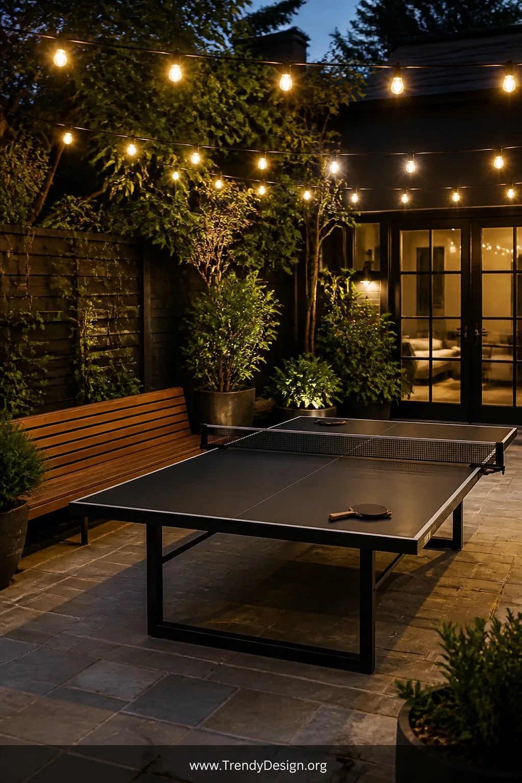 Medium shot of a stylish backyard patio at dusk with a dark powder-coated steel weatherproof ping pong table centered on a st