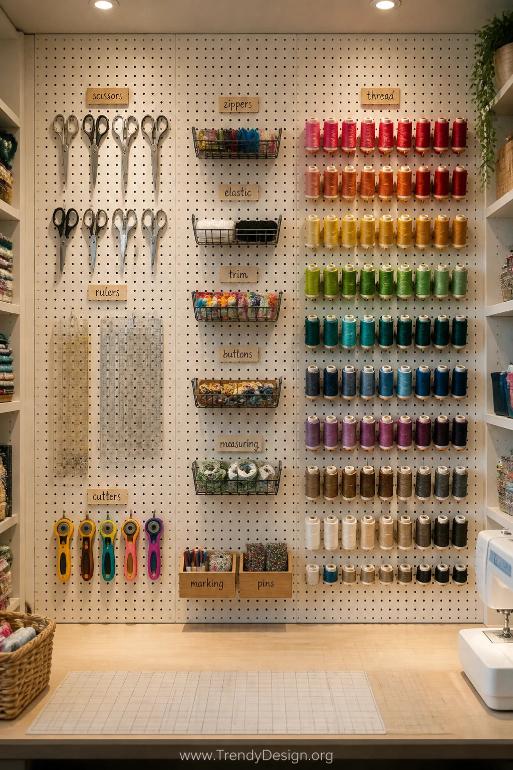 Wide-angle photorealistic interior shot of a white pegboard covering the entire back wall of a bright sewing closet, densely 