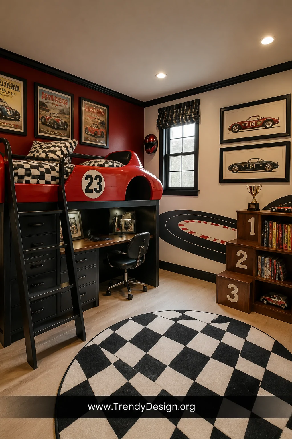 Wide-angle photorealistic shot of a vintage race car themed boy's bedroom with a red, black, and cream color palette, a loft 
