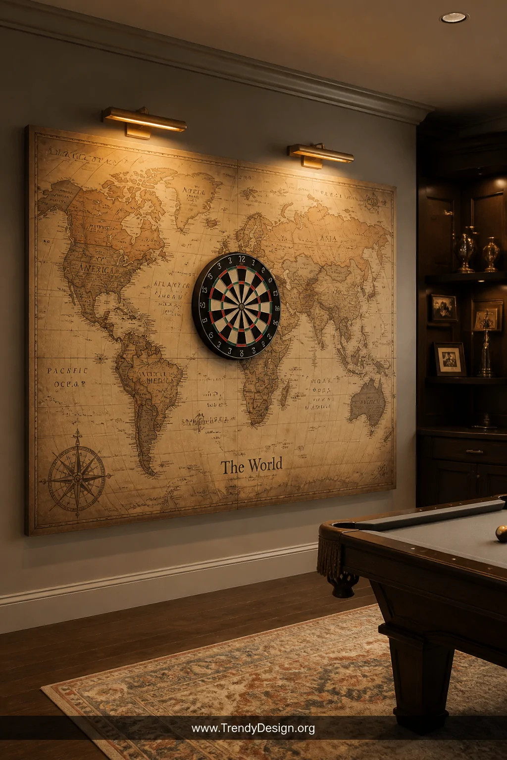 A wide room shot of a sophisticated game room with a large vintage world map print adhered to a thick MDF backing panel mount