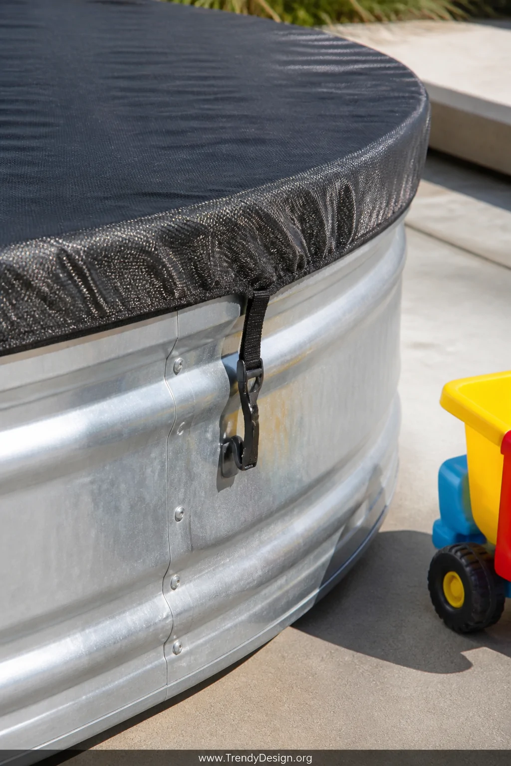 Detail closeup shot of a dark charcoal fitted mesh safety cover stretched tautly over a round galvanized stock tank, anchor s