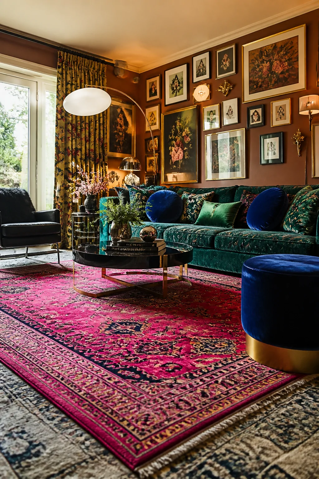Wide-angle photorealistic shot of a maximalist living room anchored by a bold statement pink rug, layered over a second patte