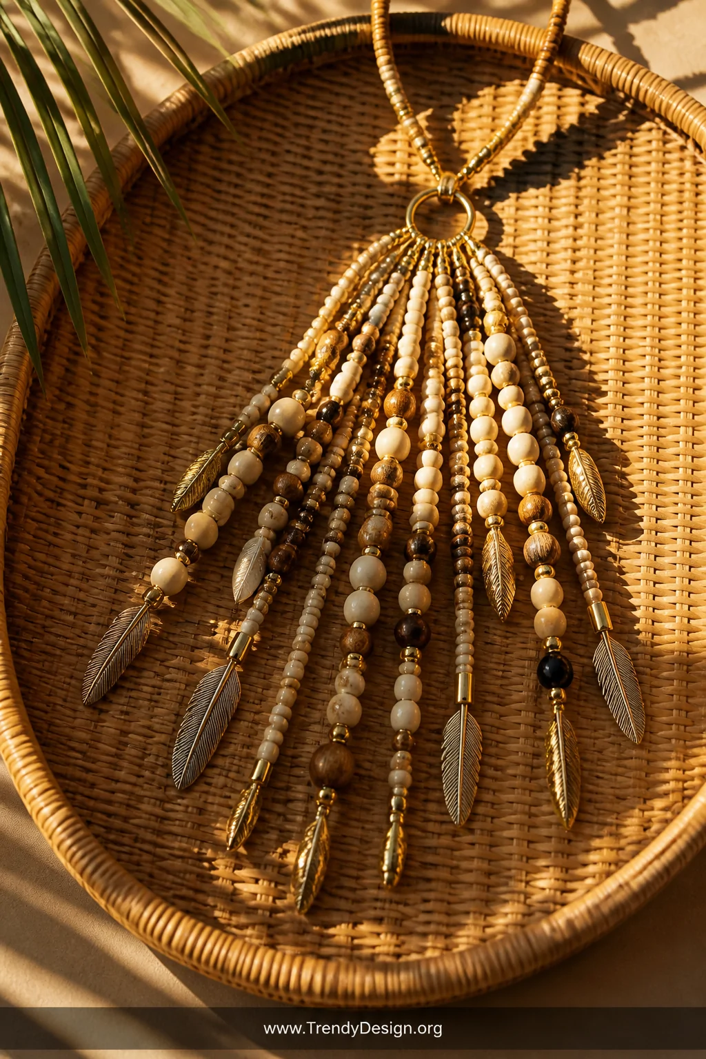 A wide medium shot on a rattan woven tray showing a tassel fringe pony bead statement necklace with multiple strands of varyi