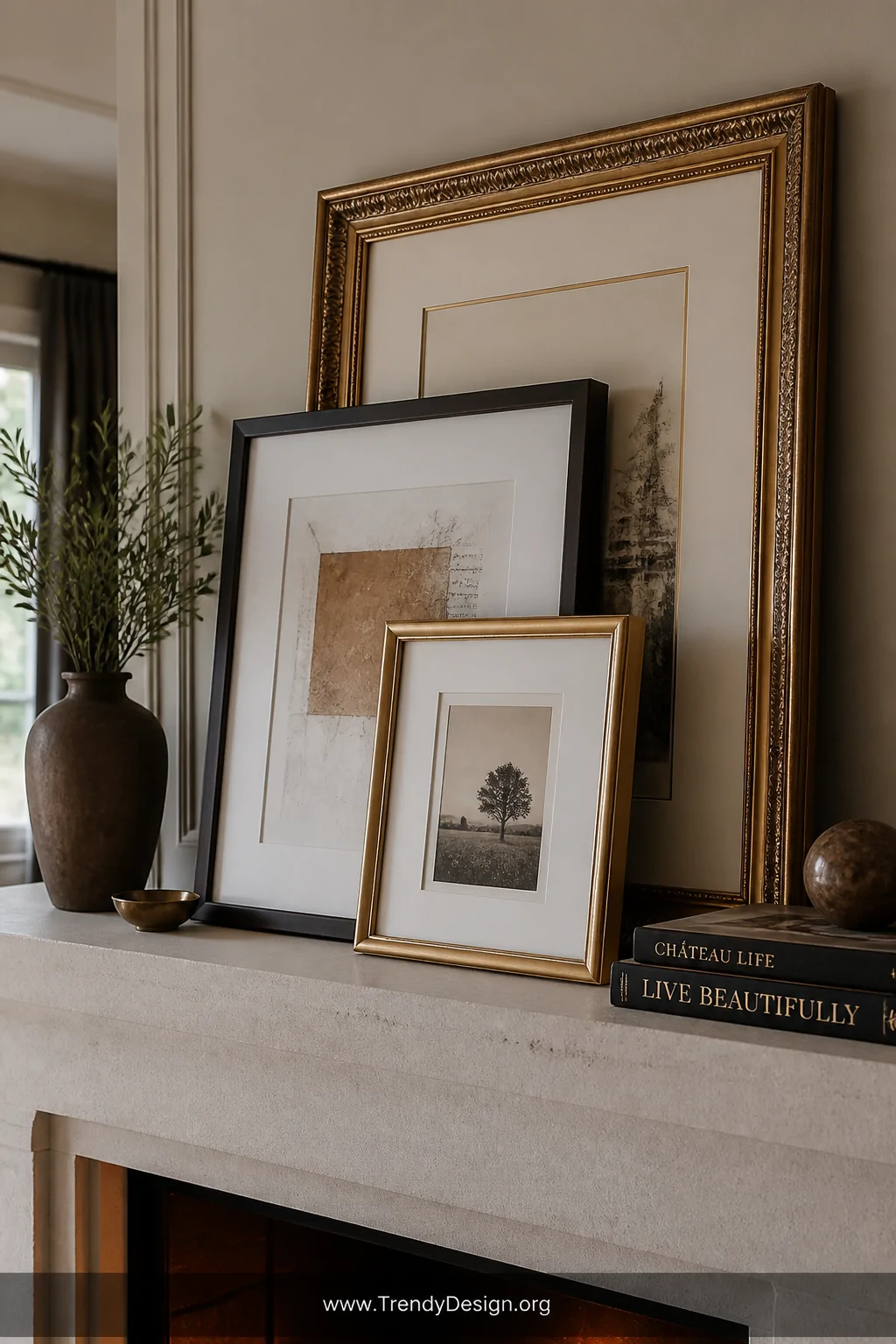 Medium shot of a fireplace mantel styled with three leaning frames in decreasing sizes staggered in a tiered stack, the large