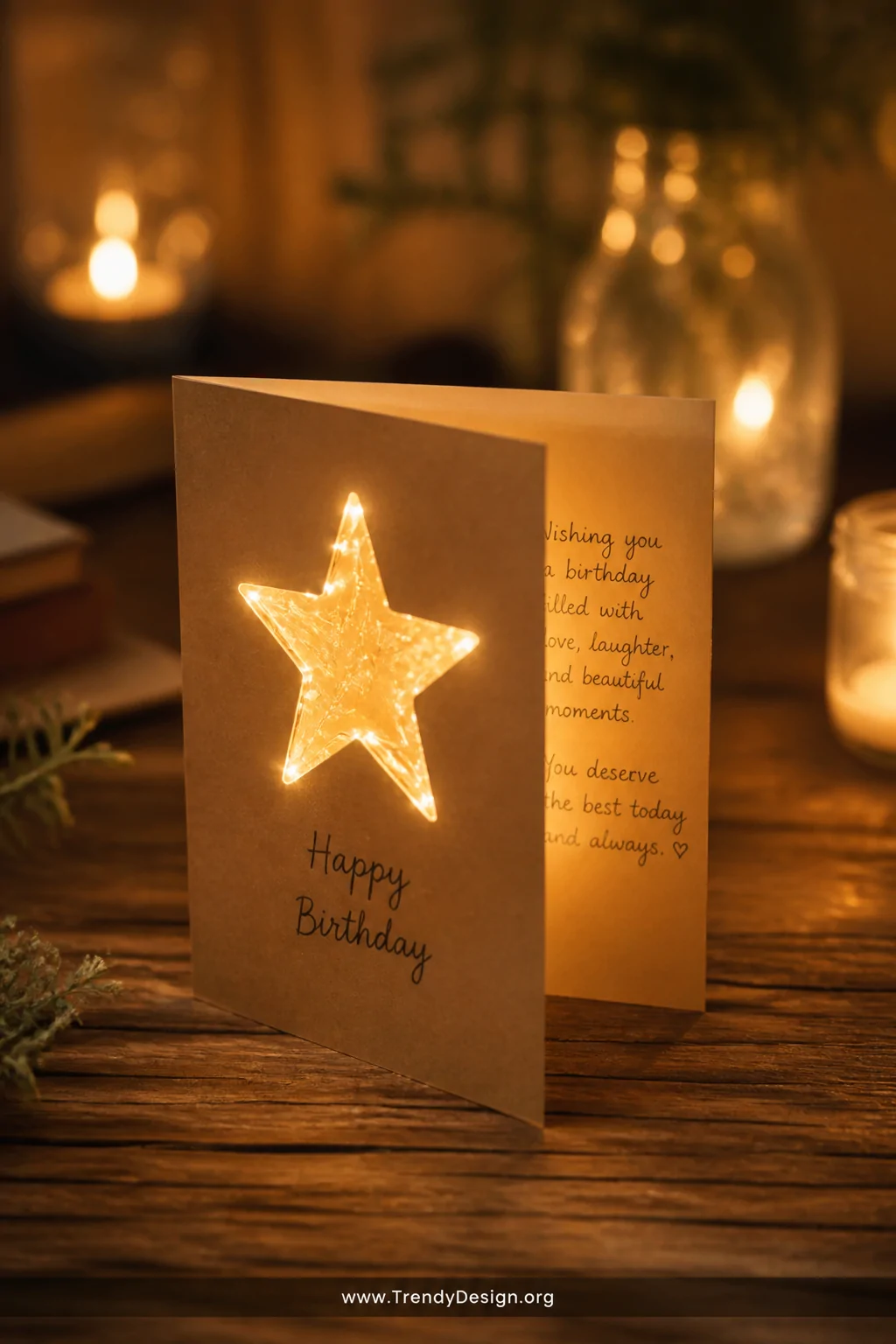 A warm, intimate close-up shot of a handmade LED birthday card propped open on a rustic wooden tabletop, copper wire fairy li