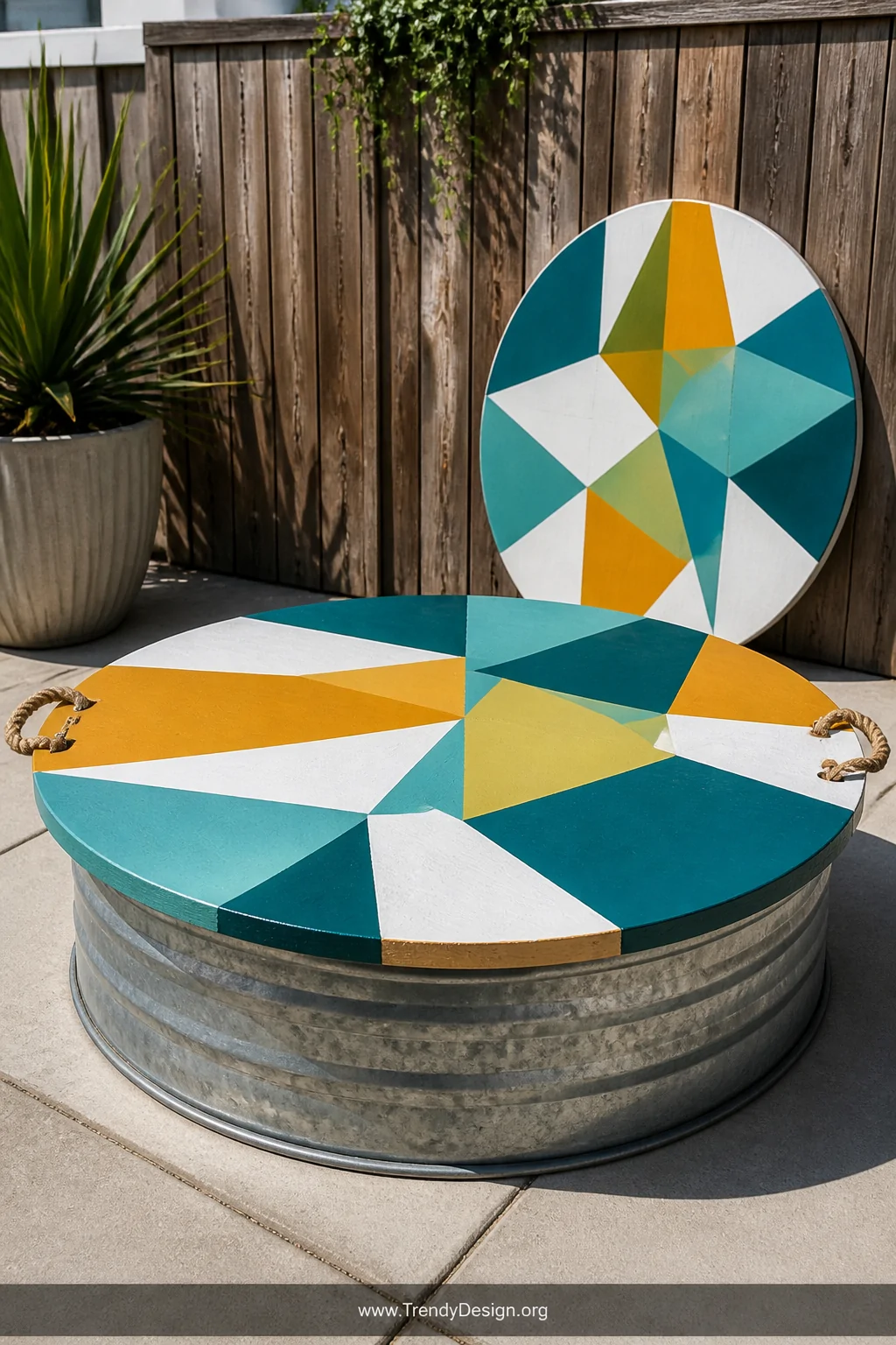 Medium outdoor shot of a bold circular marine-grade plywood cover painted with a vibrant geometric pattern in teal, mustard y