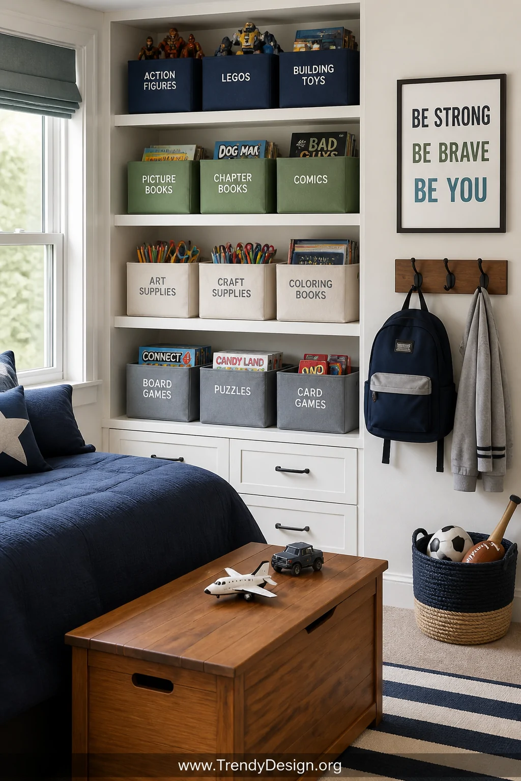 Medium shot of a boys bedroom storage wall featuring open white shelving lined with color-coded fabric bins labeled for toys,