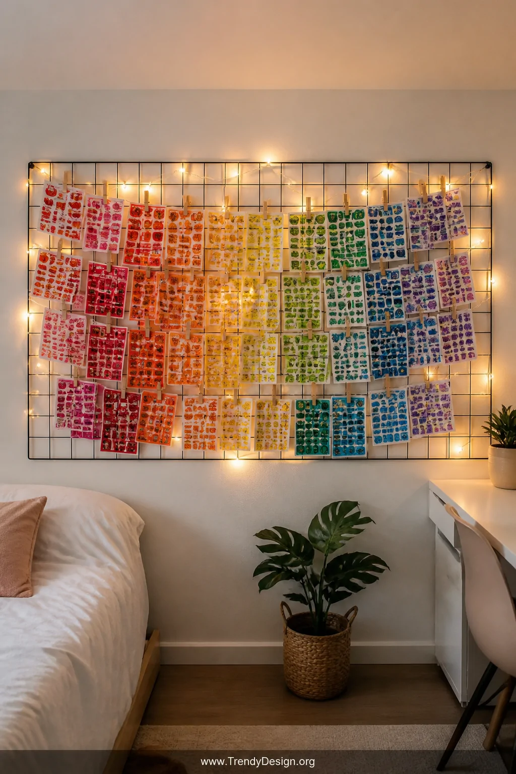 A wide shot of a stunning bedroom or studio wall featuring a large wire grid panel mounted at eye level, colorful sticker she