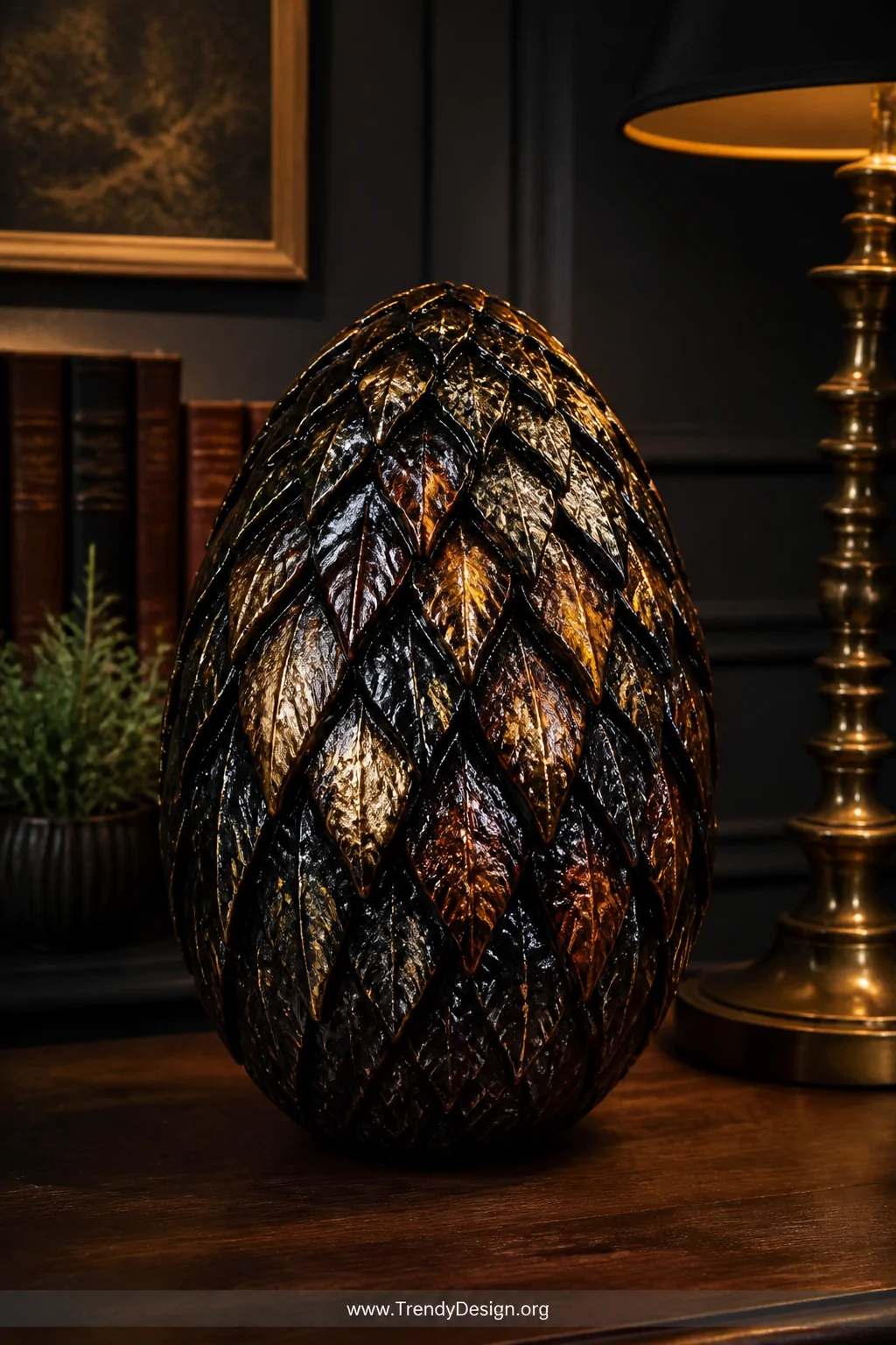A medium shot of a dramatic reptilian-textured dragon egg with chunky dimensional hot glue scales painted in deep black with 