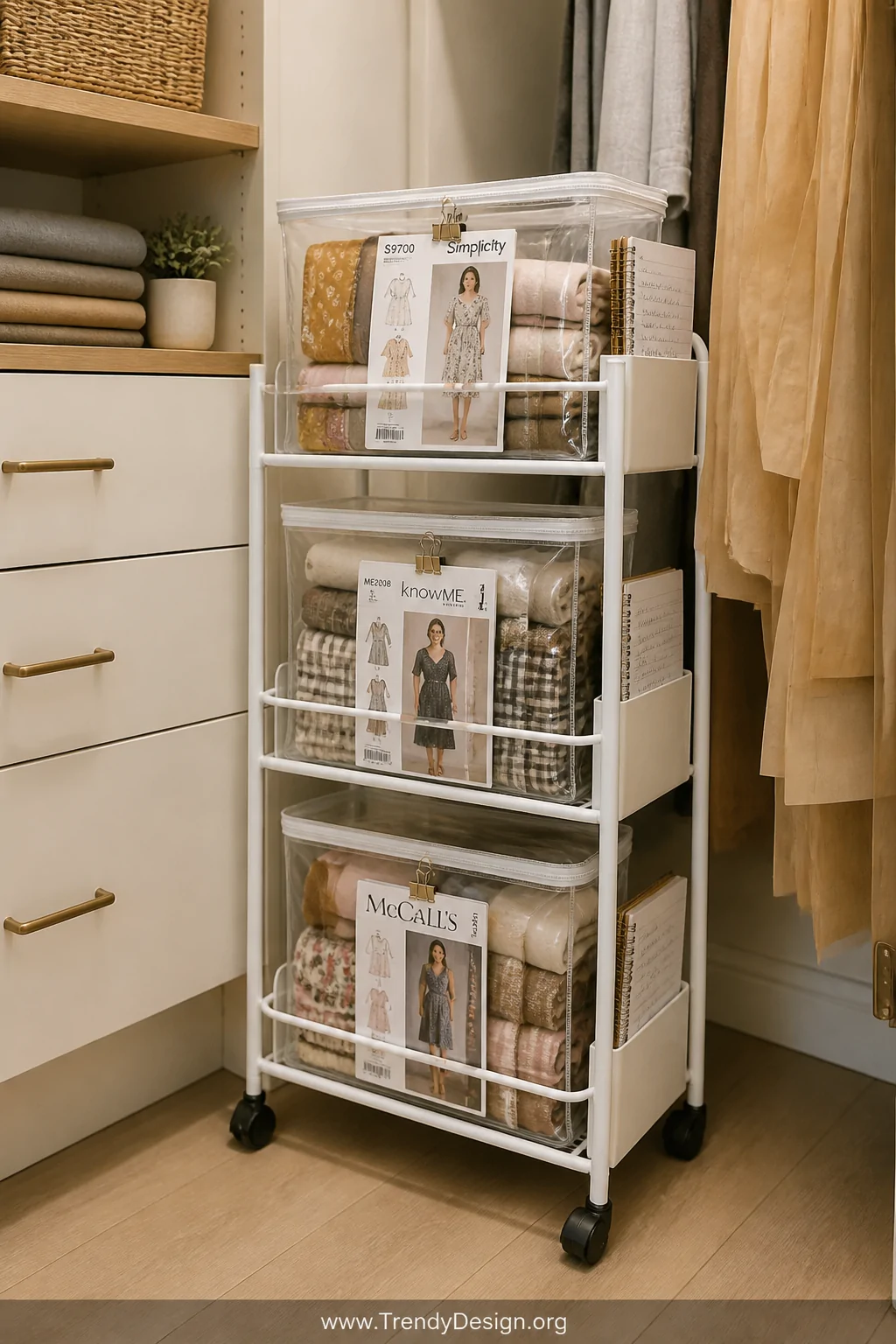Medium photorealistic interior shot of a slim three-tiered white metal rolling cart tucked into the corner of a sewing closet