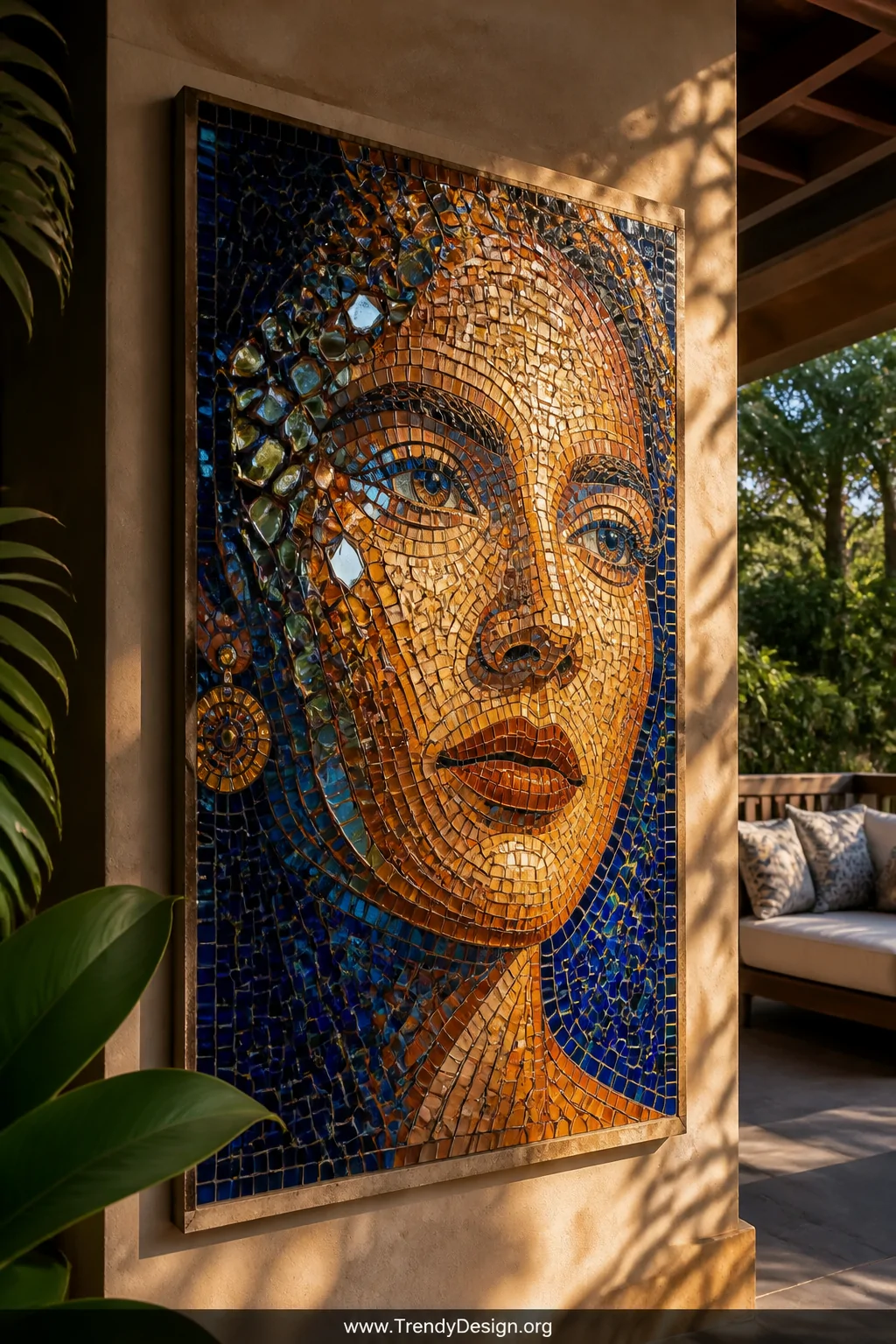 A medium shot of a large mosaic tile portrait panel mounted on a sun-drenched covered patio wall, small iridescent glass tile