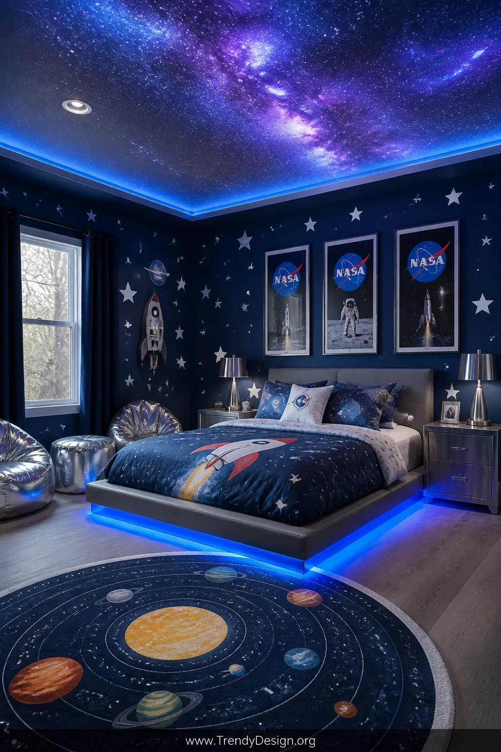 Wide-angle photorealistic shot of a dramatic space-themed boy's bedroom with deep navy blue walls covered in glow-in-the-dark