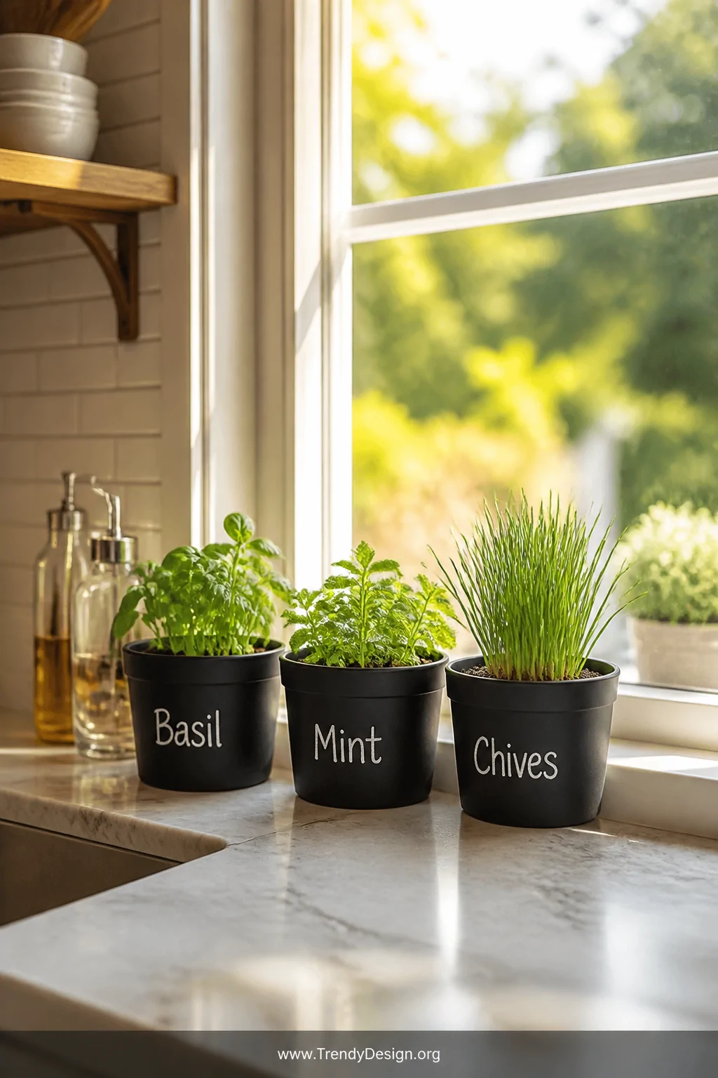 A sun-filled kitchen windowsill featuring small plastic containers coated in matte black chalkboard paint with hand-lettered 