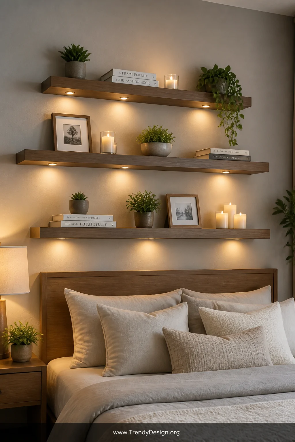 Medium shot of a bedroom wall behind a bed featuring three rows of floating wooden shelves at varying heights styled with sma