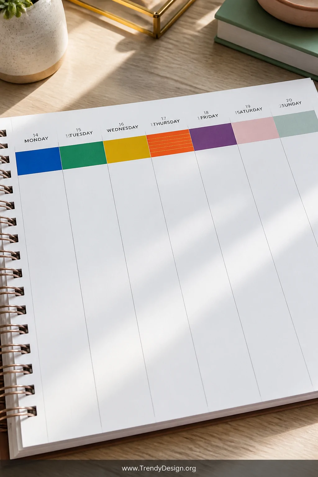 Close-up detail shot of an open spiral planner lying flat on a light wood desk, showing seven bold washi tape strips running 