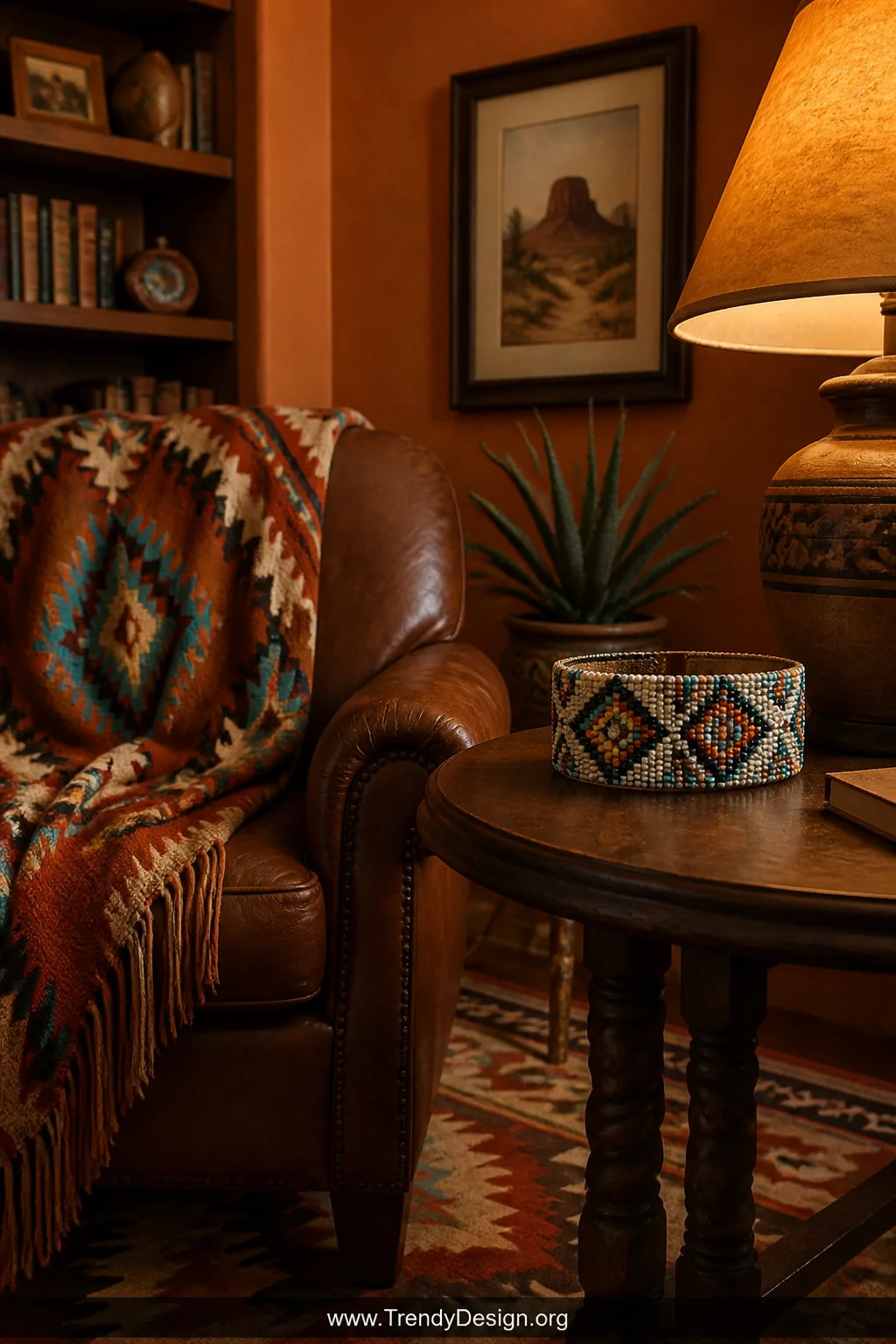 A wide shot of a richly styled Southwestern-inspired reading nook with terracotta walls, a woven blanket in rust red and turq