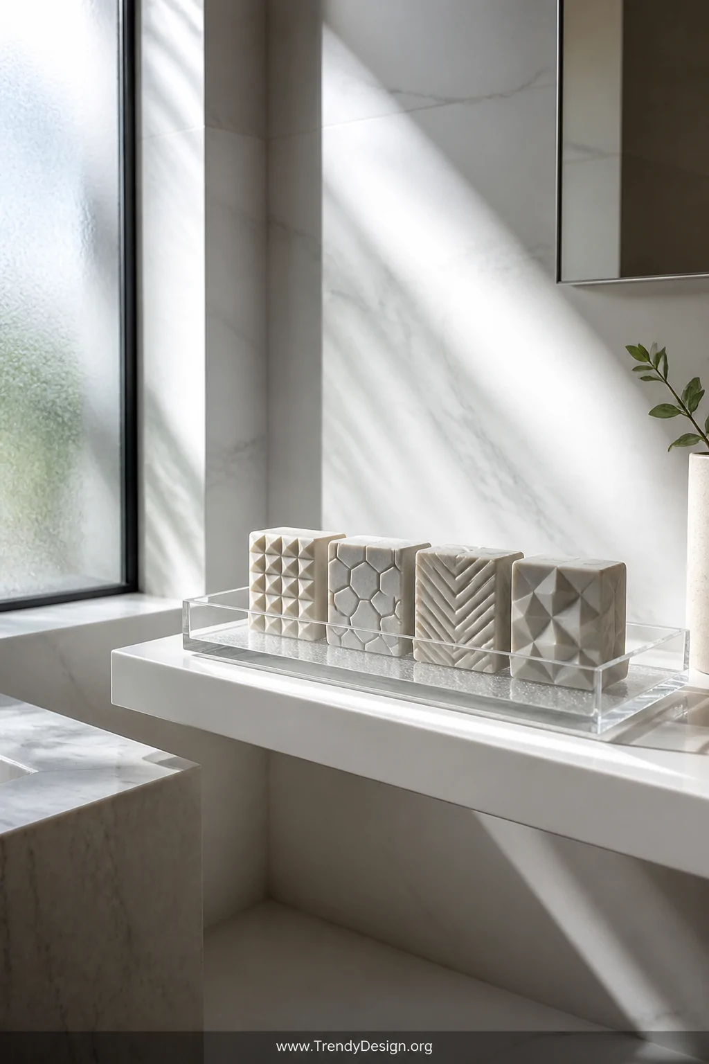 A wide shot of a bright minimalist contemporary bathroom with a clear glass rectangular tray sitting on a floating white shel