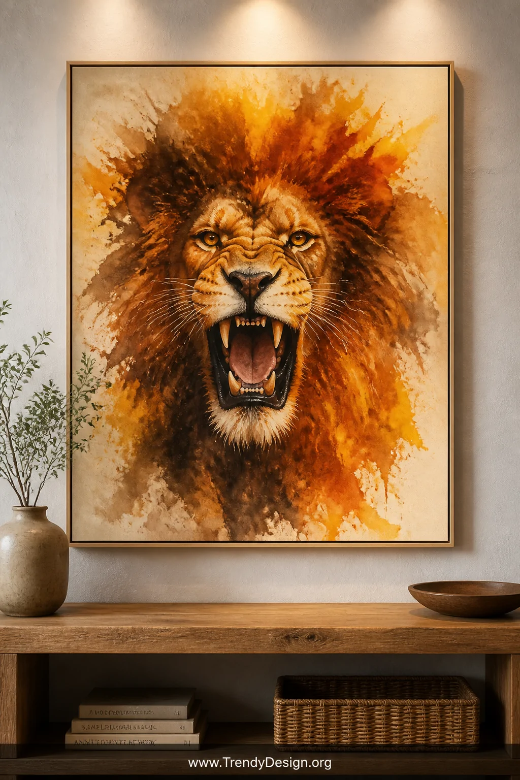 A medium shot of a dramatically framed watercolor lion painting displayed on a whitewashed wall above a simple rustic wooden 