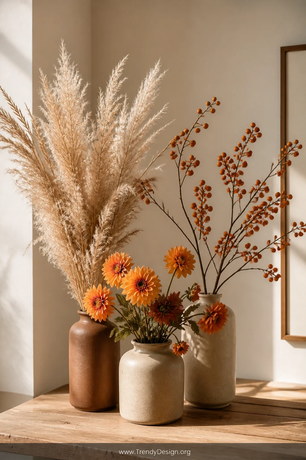 A medium shot of a grouped botanical centerpiece made of three ceramic tumblers in varying autumnal sizes filled with dried p