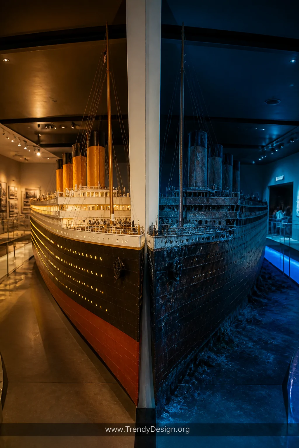 A wide symmetrical museum-quality shot of a split then-versus-now Titanic comparison diorama divided by a clean central wall,