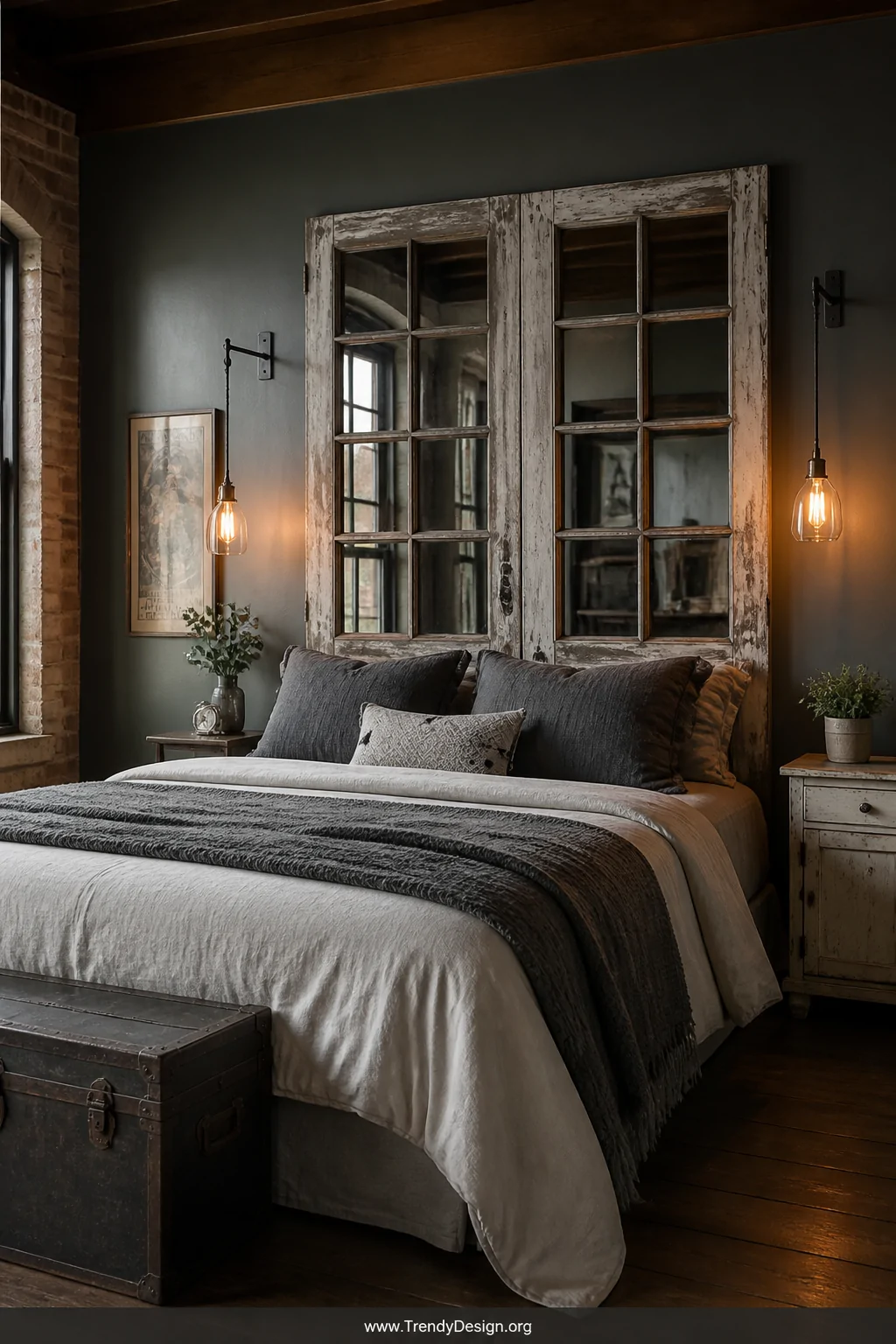 Wide shot of a bedroom with a vintage paneled wooden French door mounted as a headboard behind a bed, original chippy paint i