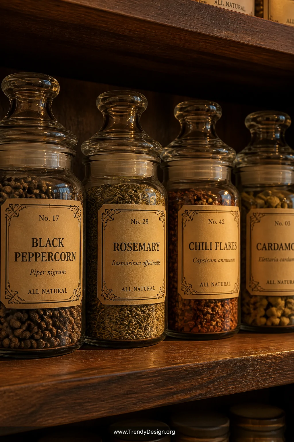 A closeup detail shot of clear glass apothecary-style spice jars sitting on a dark walnut wooden shelf, each jar bearing aged