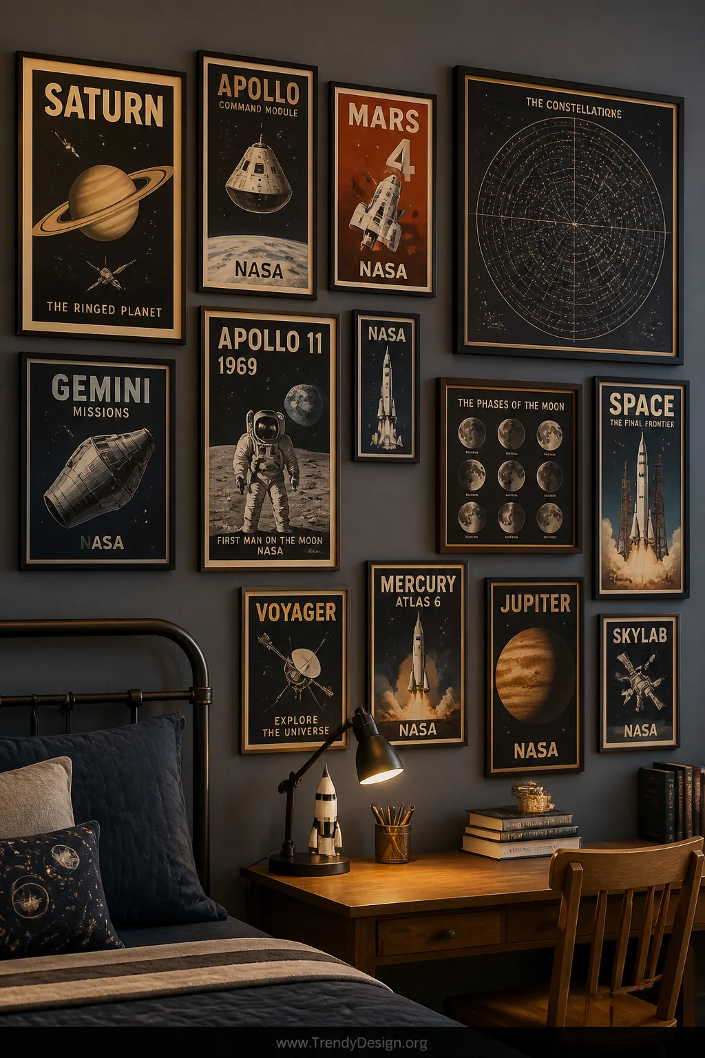 Medium shot of a dynamic gallery wall in a boys bedroom covered in framed vintage-style NASA mission posters and classic rock