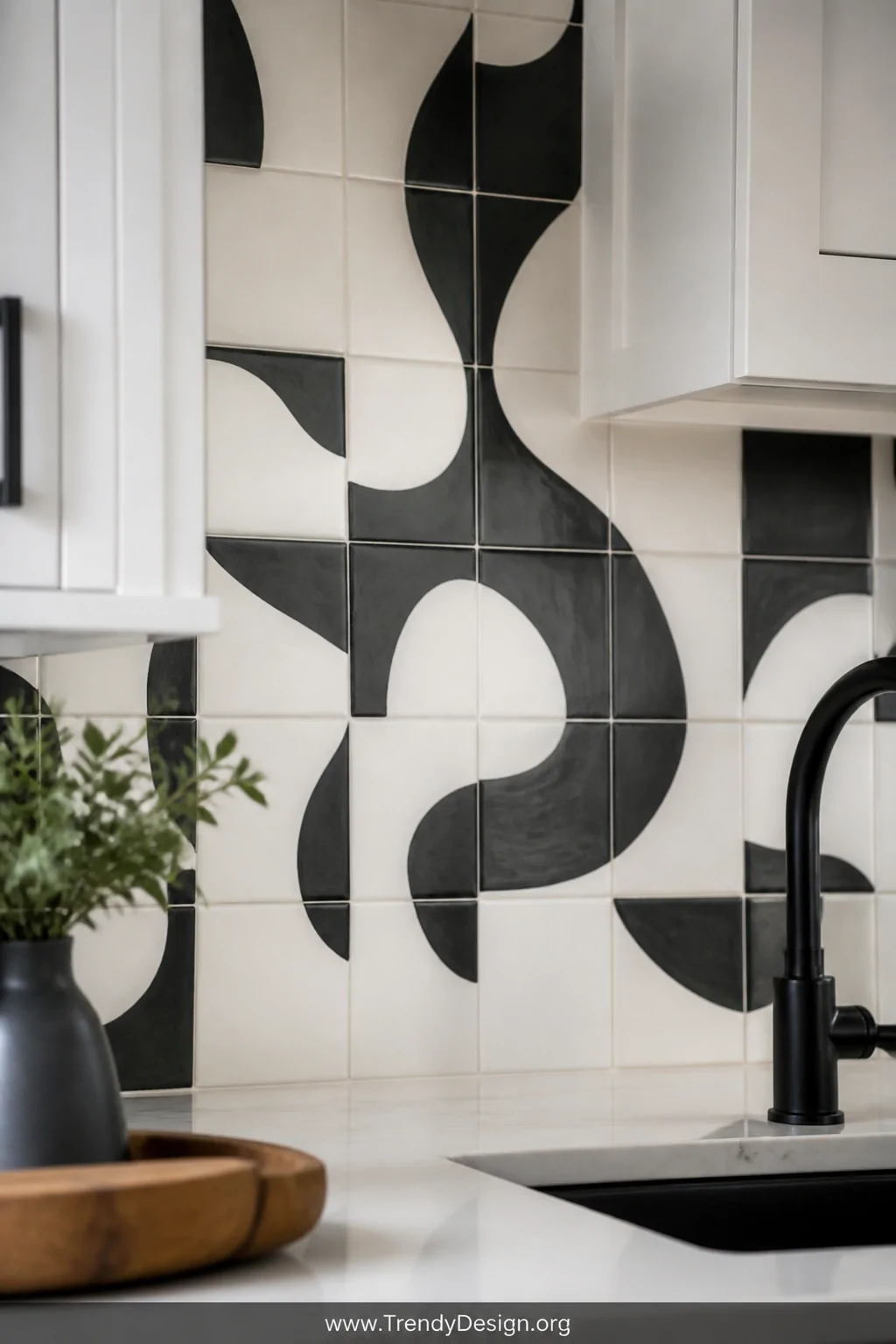Close-up detail shot of a kitchen backsplash featuring hand-painted Notan ceramic tiles with fluid organic dark shapes floati