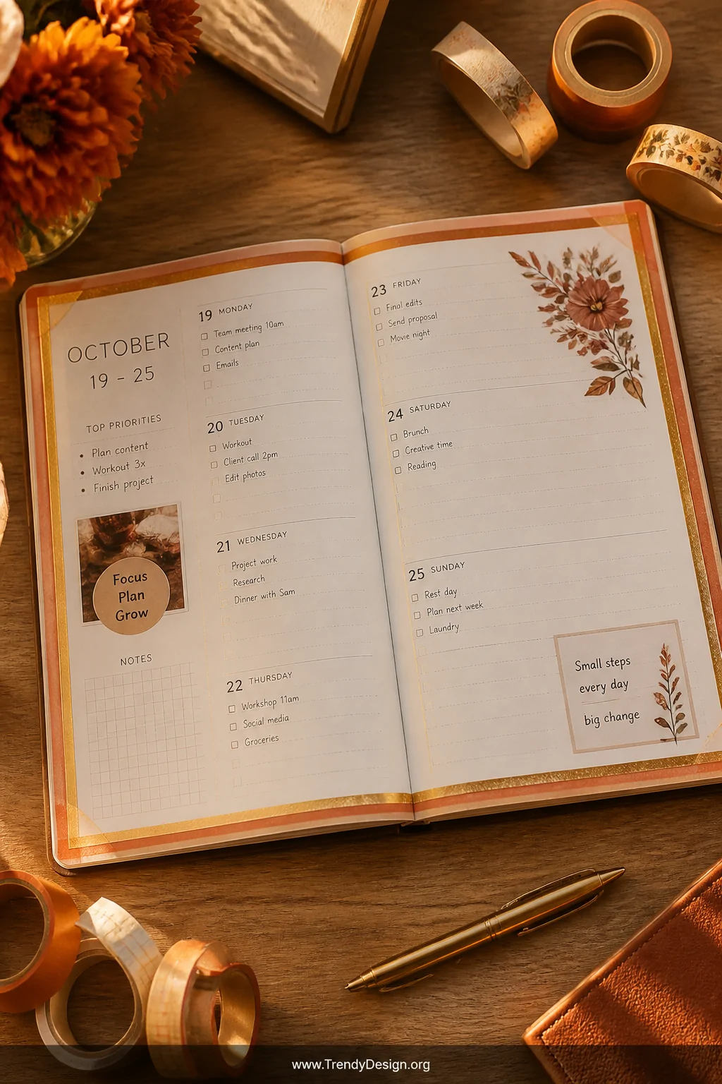 Wide overhead shot of a full weekly planner spread open on a styled oak desk, its entire layout framed by a layered washi tap