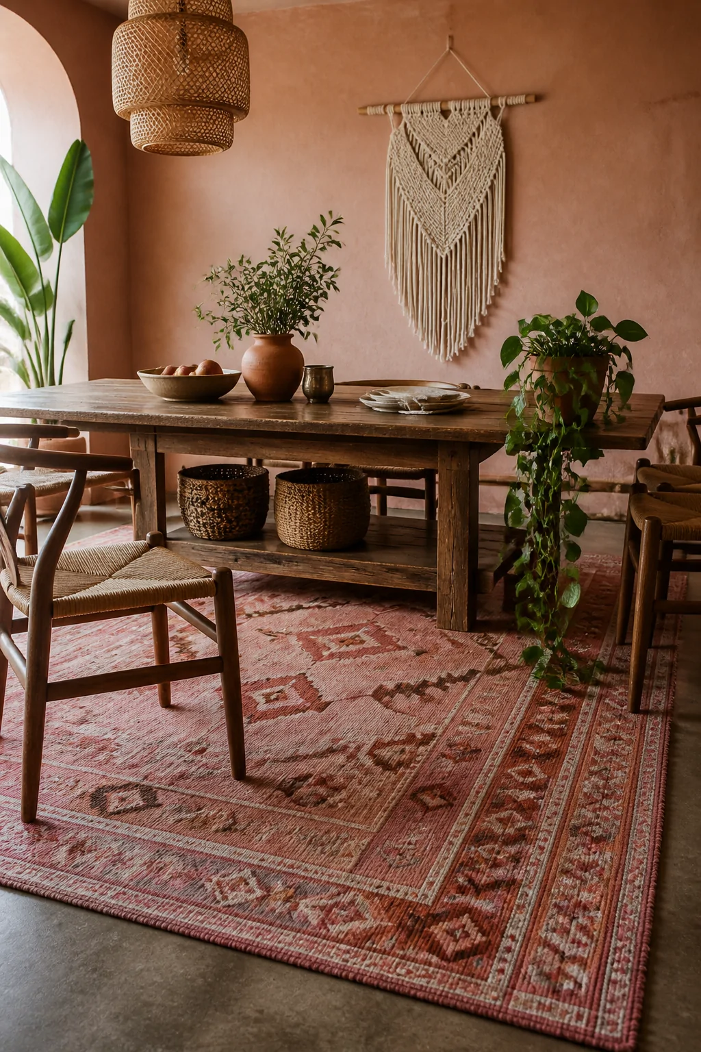 Medium wide shot of a bohemian dining area styled with a terracotta-pink woven tribal-print rug in salmon, coral, and dusty p