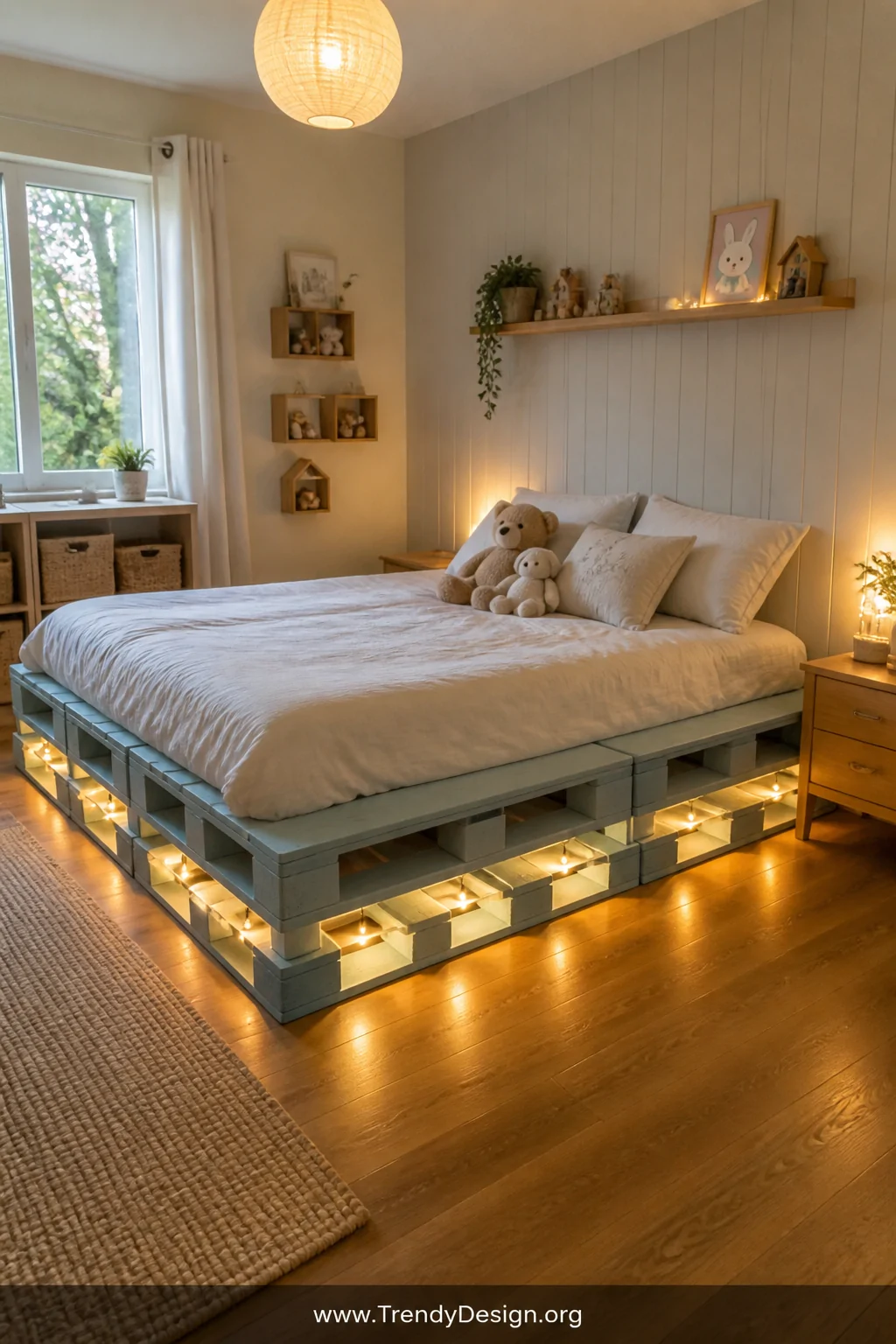 Wide room shot of a cozy children's bedroom featuring a low-profile double-stacked wooden pallet bed frame painted in soft pa