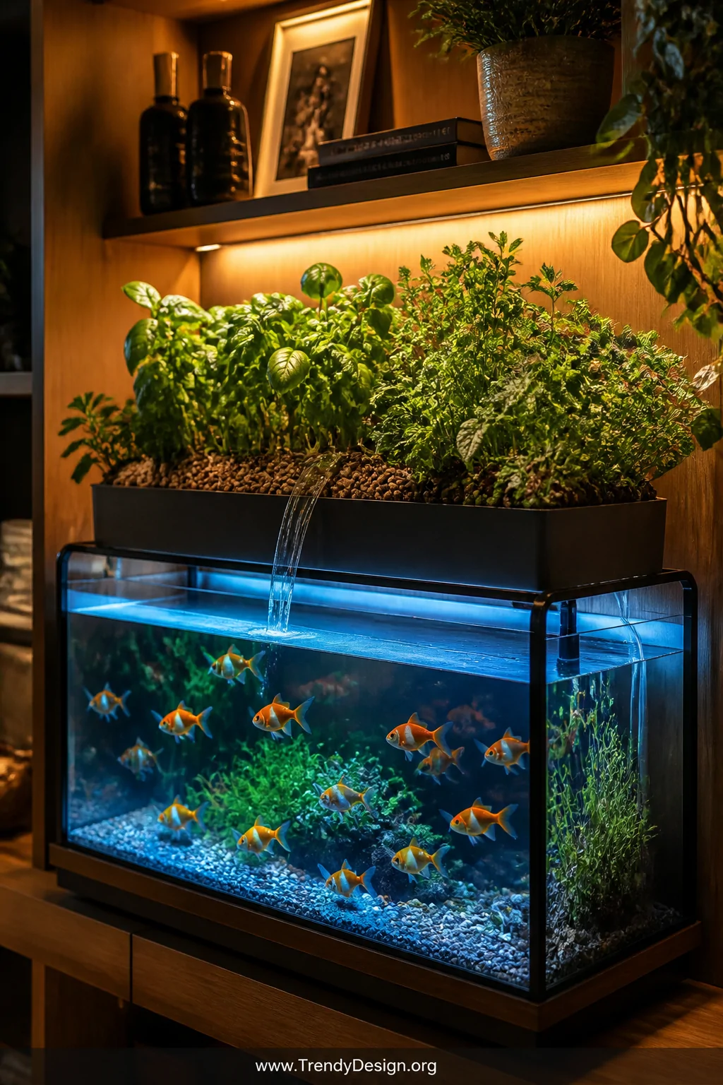 A warmly lit living room shelf setup featuring a large illuminated aquarium filled with shimmering goldfish beneath a raised 