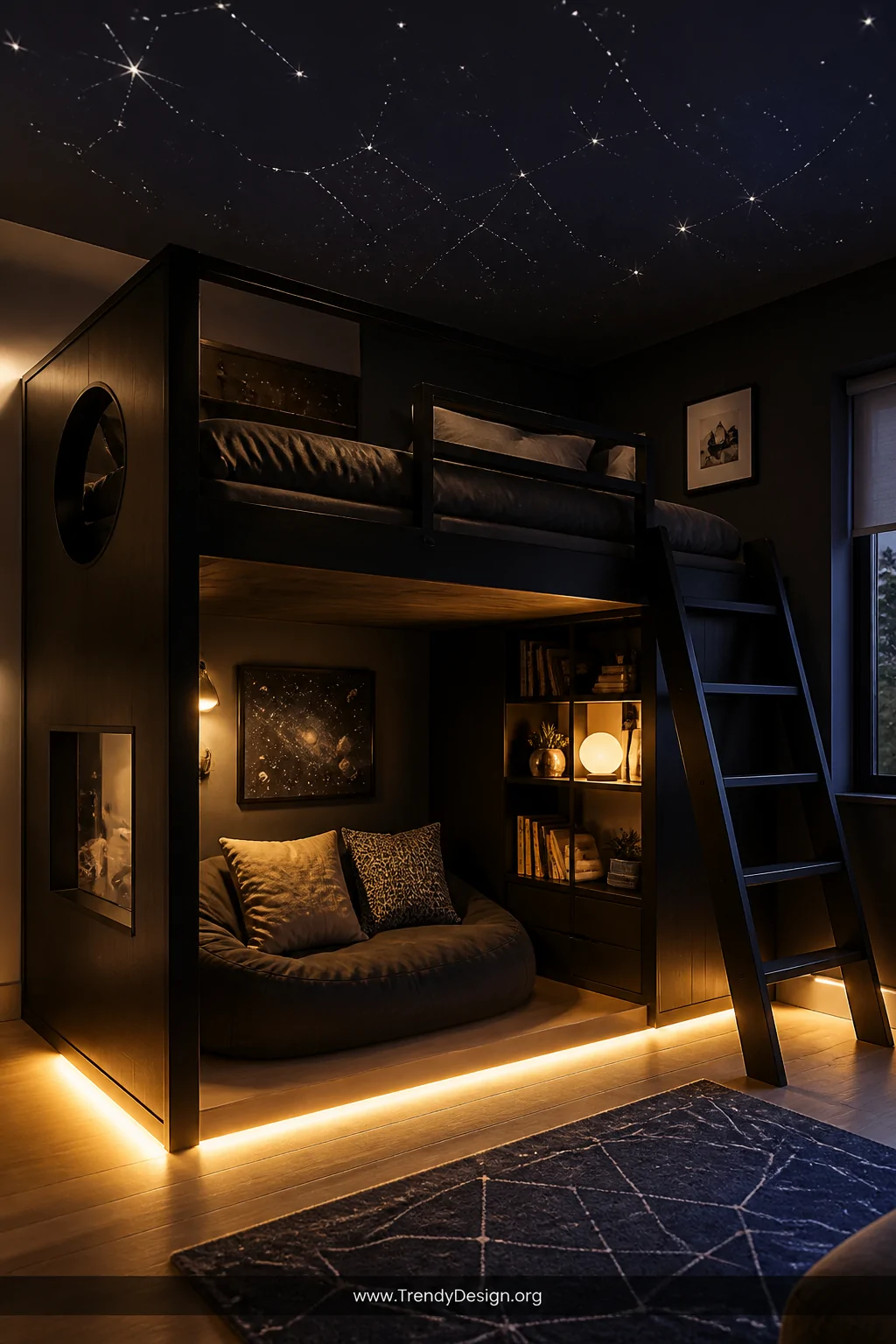 Closeup-to-medium atmospheric shot of a boys loft bed setup at dusk, showcasing layered lighting with warm LED strip lights g