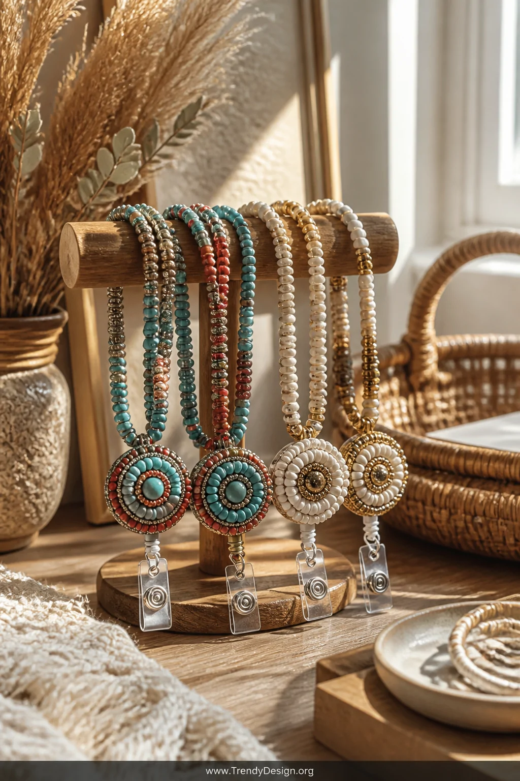 A detail shot of a cluster of handmade beaded badge reels draped over a raw wooden jewelry stand on a sunlit bohemian desk, f