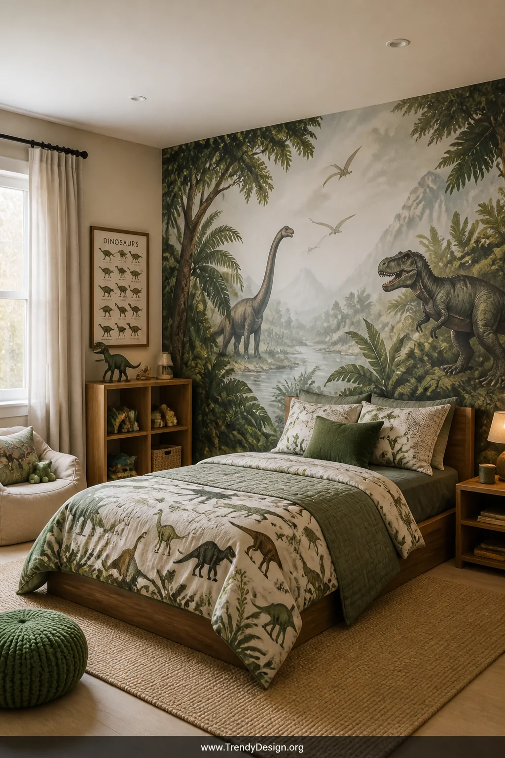 Wide-angle photorealistic shot of a vibrant little boy's bedroom built around a dinosaur theme, featuring a large removable m