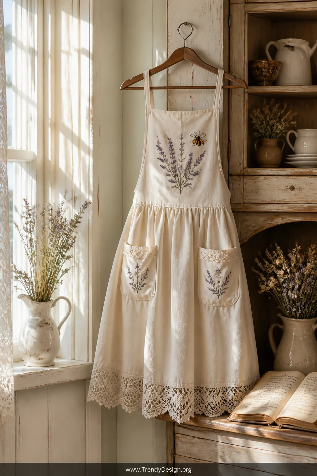 A wide shot of a soft cottagecore kitchen corner with a cream cotton apron displayed on a vintage wooden hanger, delicate ivo