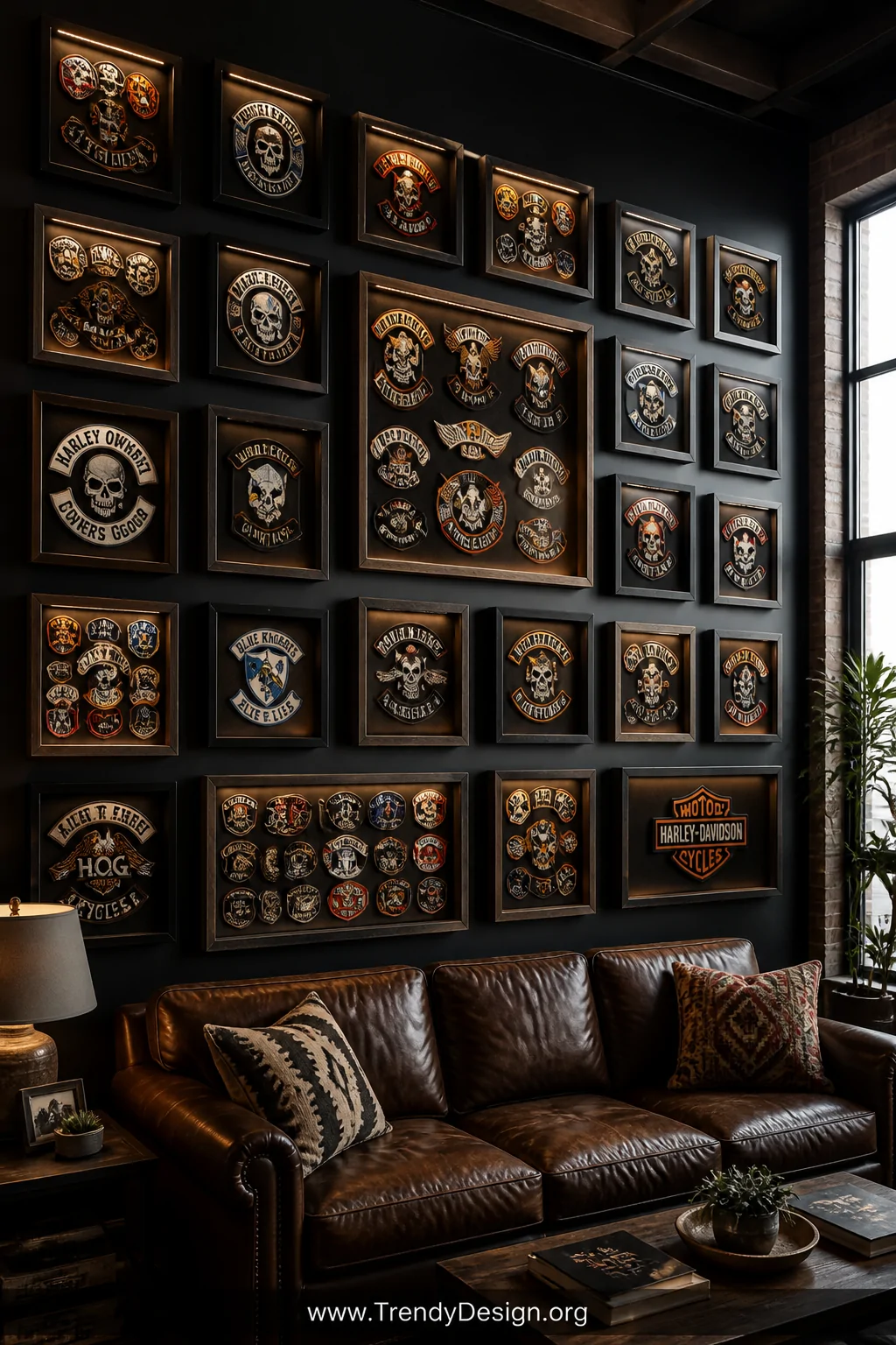 Wide shot of a dramatic living room statement wall featuring a grid arrangement of black and gunmetal shadow boxes displaying