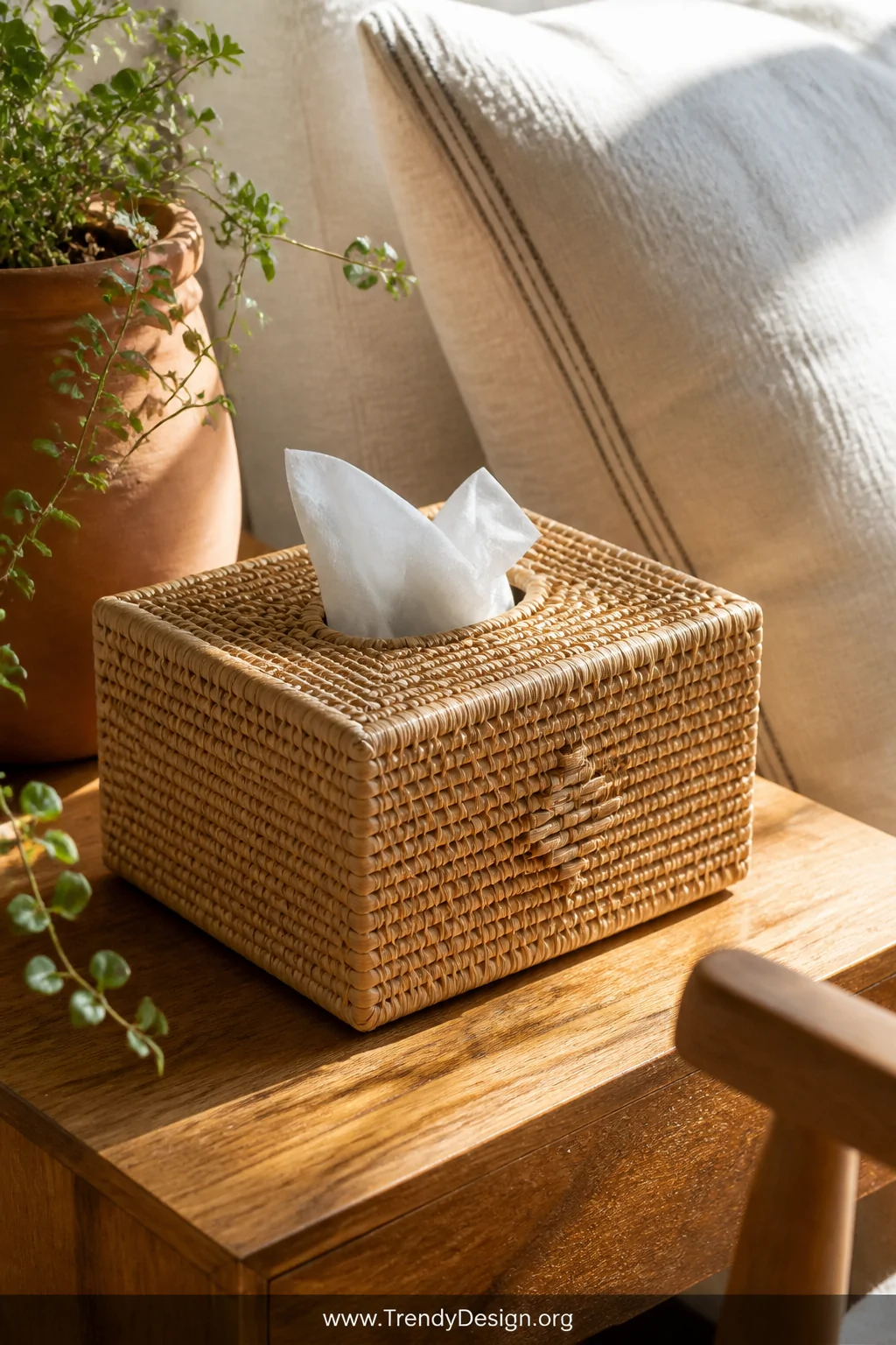 A closeup detail shot of a handwoven natural rattan tissue box cover sitting on a sunlit wooden side table, surrounded by a t