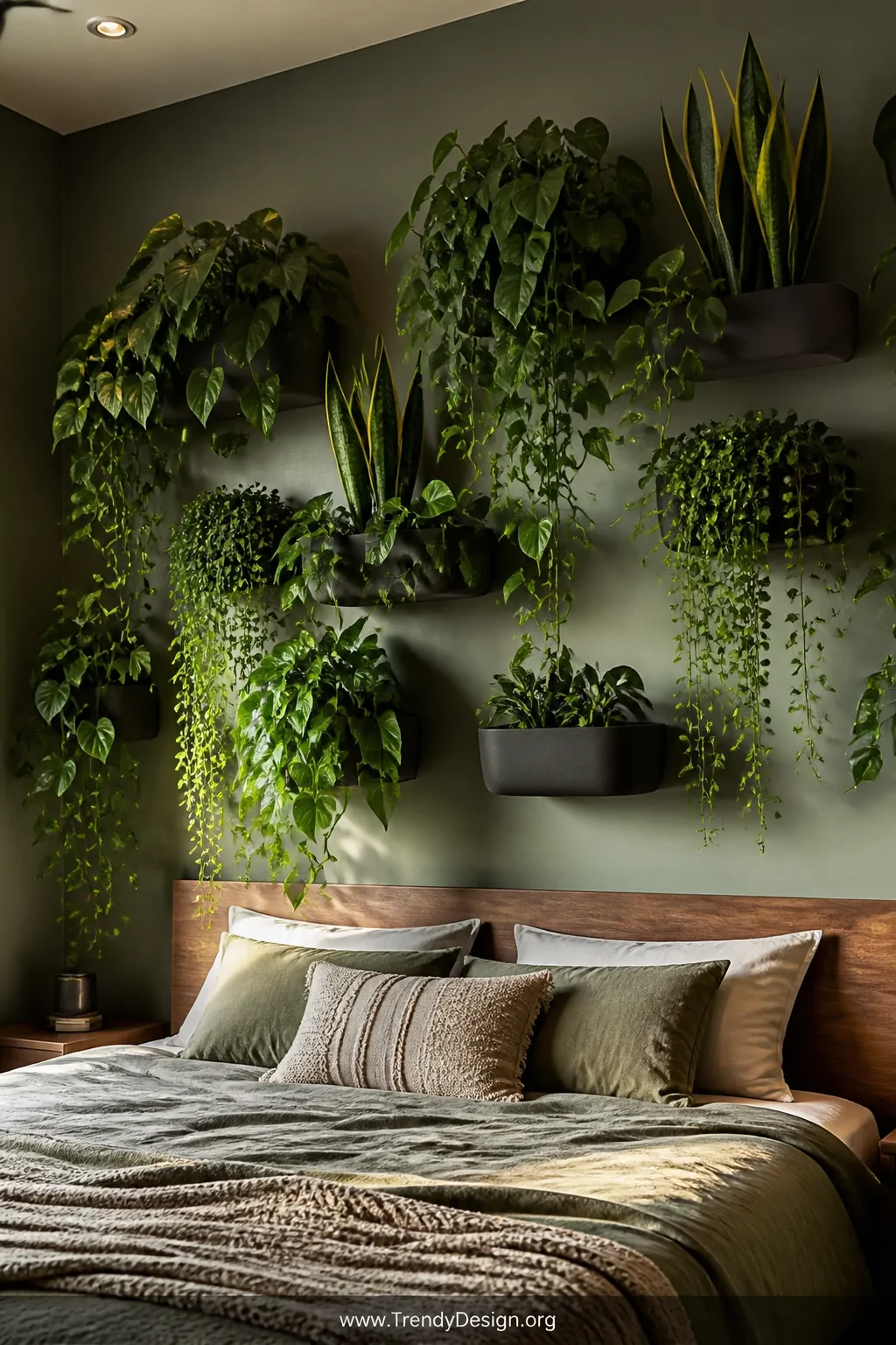 Medium shot of a serene bedroom wall behind a bed covered in a lush arrangement of wall-mounted planters holding trailing pot
