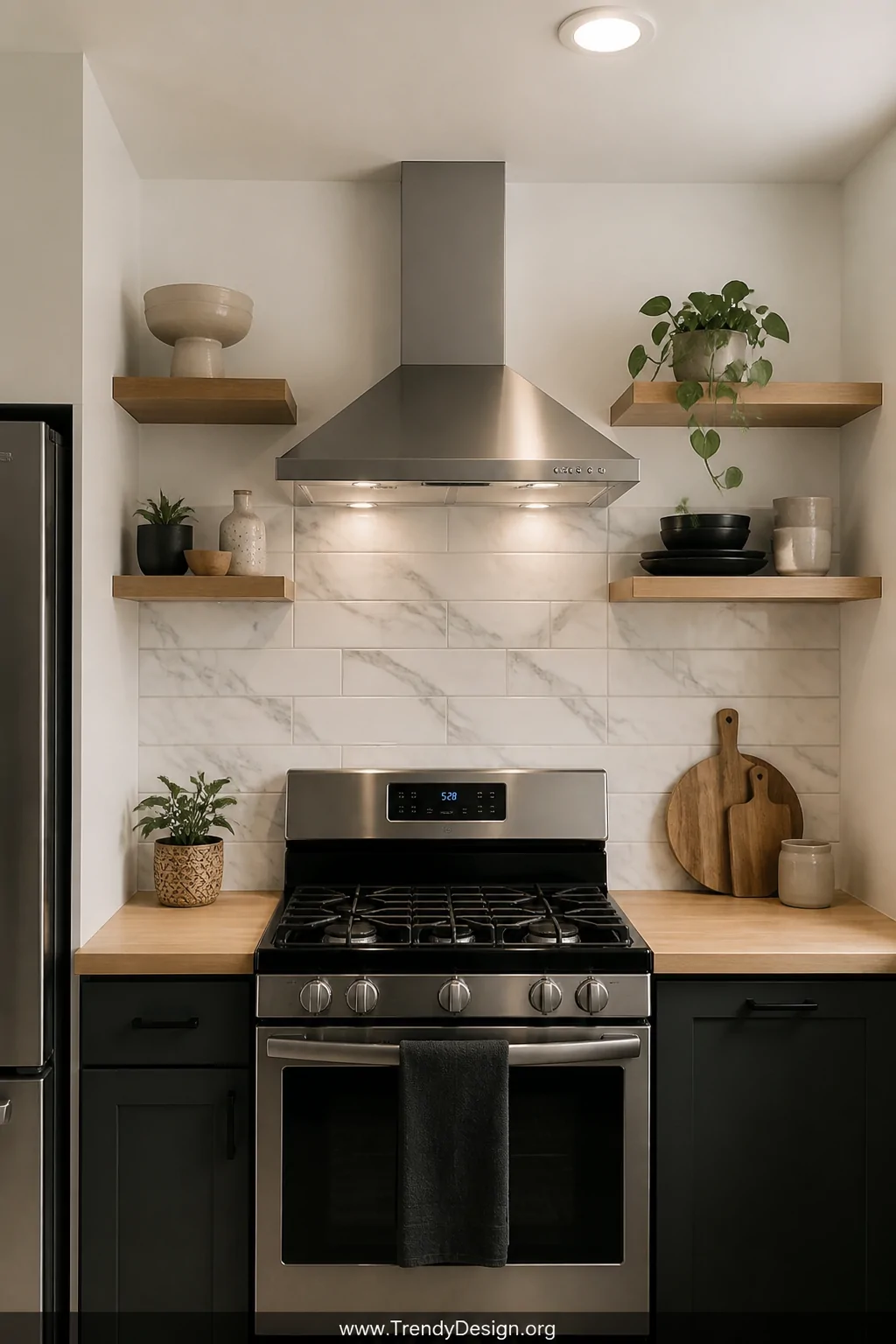 Medium shot of a rental apartment kitchen with peel-and-stick marble-patterned backsplash tiles installed behind a compact st