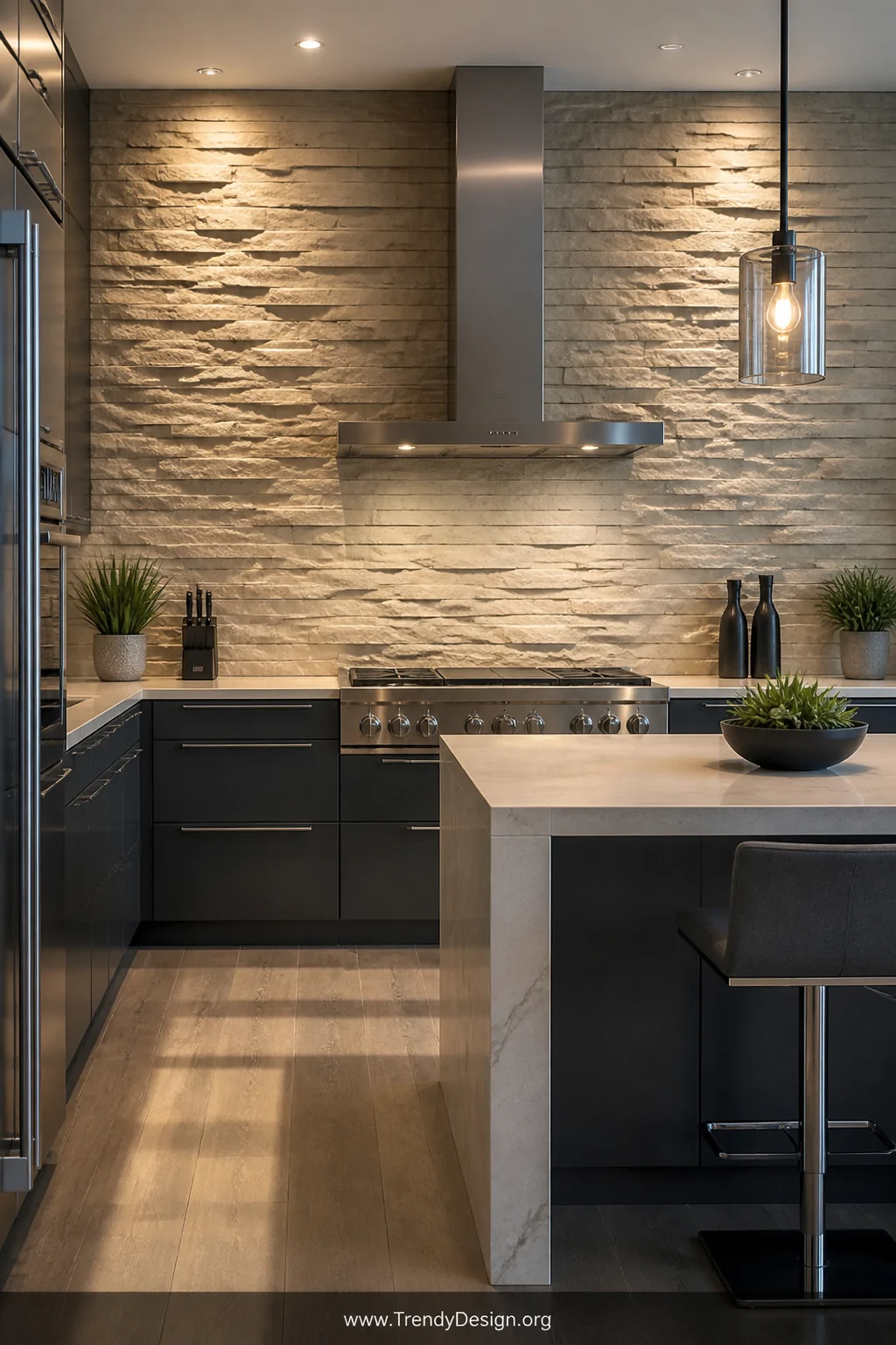 Wide shot of a modern kitchen with a dramatic stacked stone tile feature wall backsplash in light sandy tones, sleek flat-fro