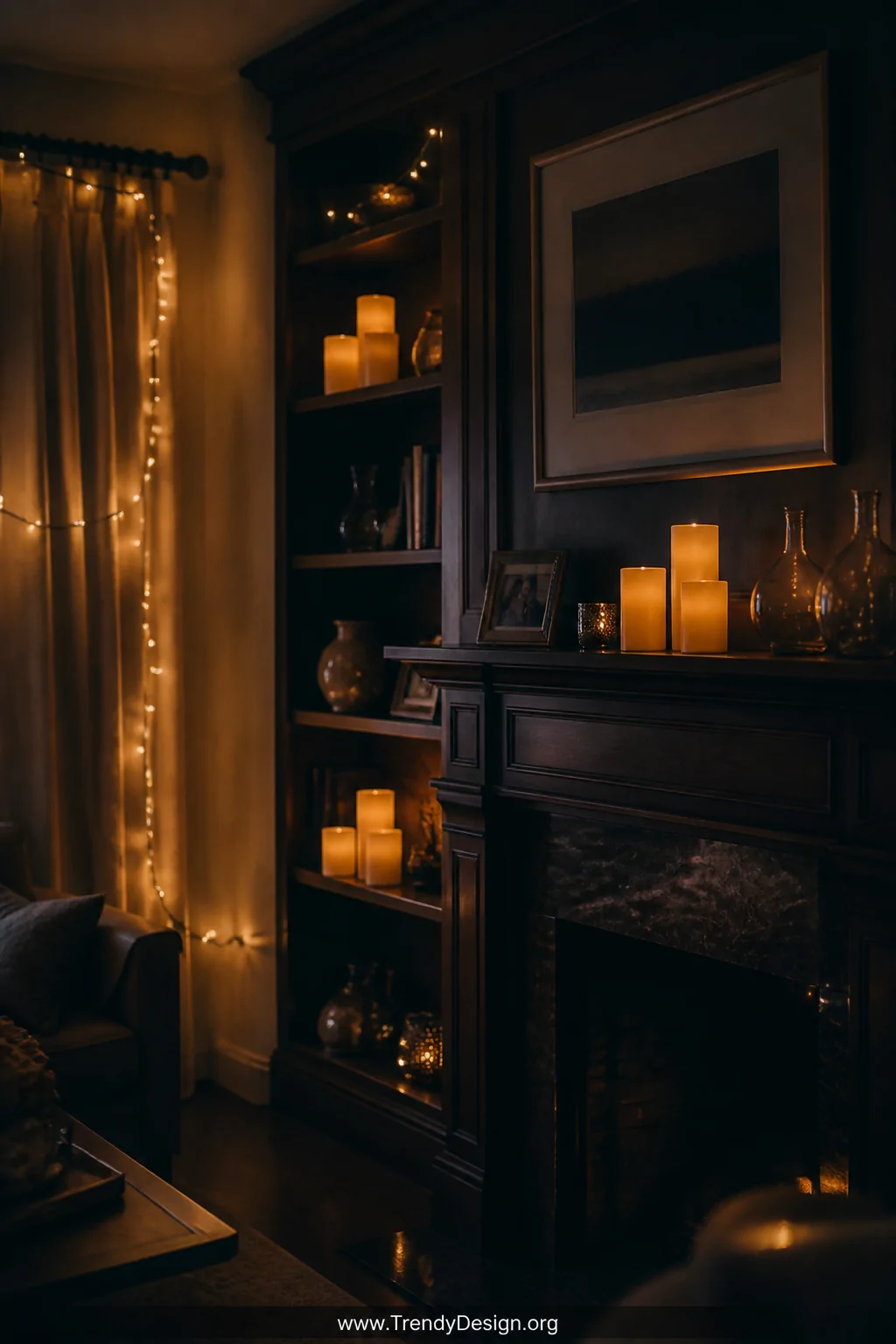 Detail shot of a living room mantel and surrounding shelves styled with clusters of three battery-operated pillar candles in 