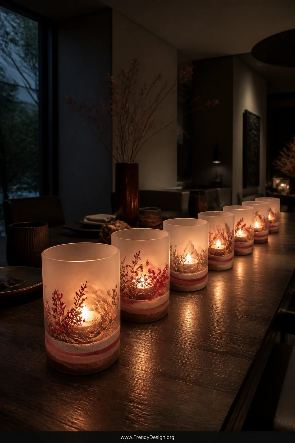 A moody, dimly lit dining table scene with a row of frosted semi-translucent candle holders made from cut plastic cups filled