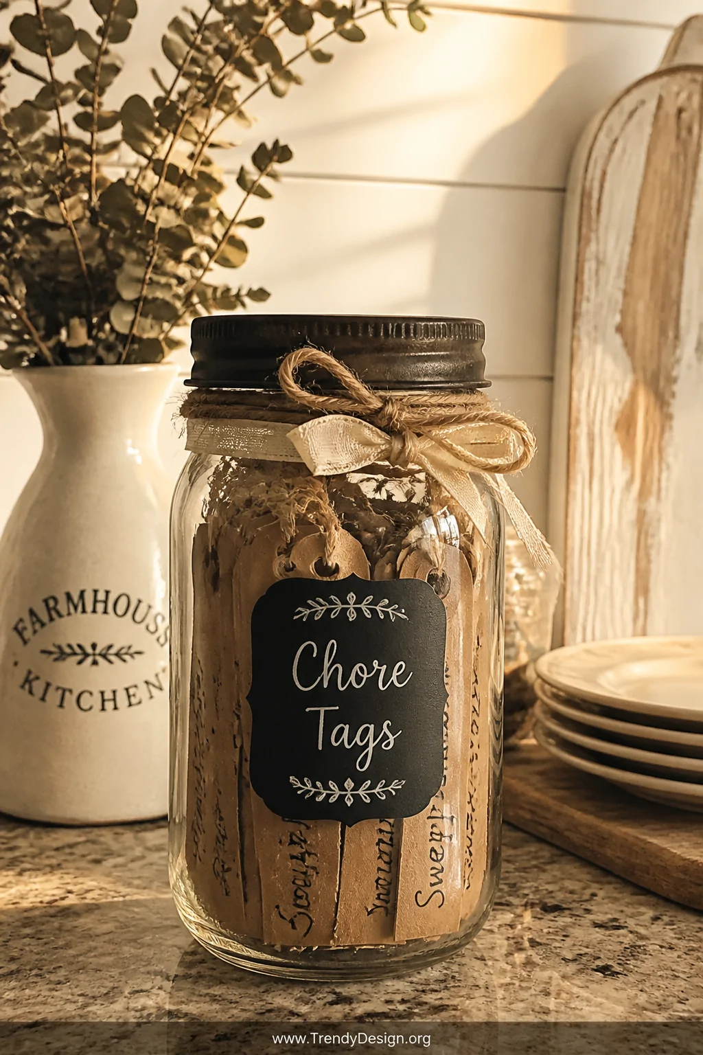 A detail closeup of a beautifully styled vintage mason jar sitting on a farmhouse kitchen counter, wrapped with natural twine