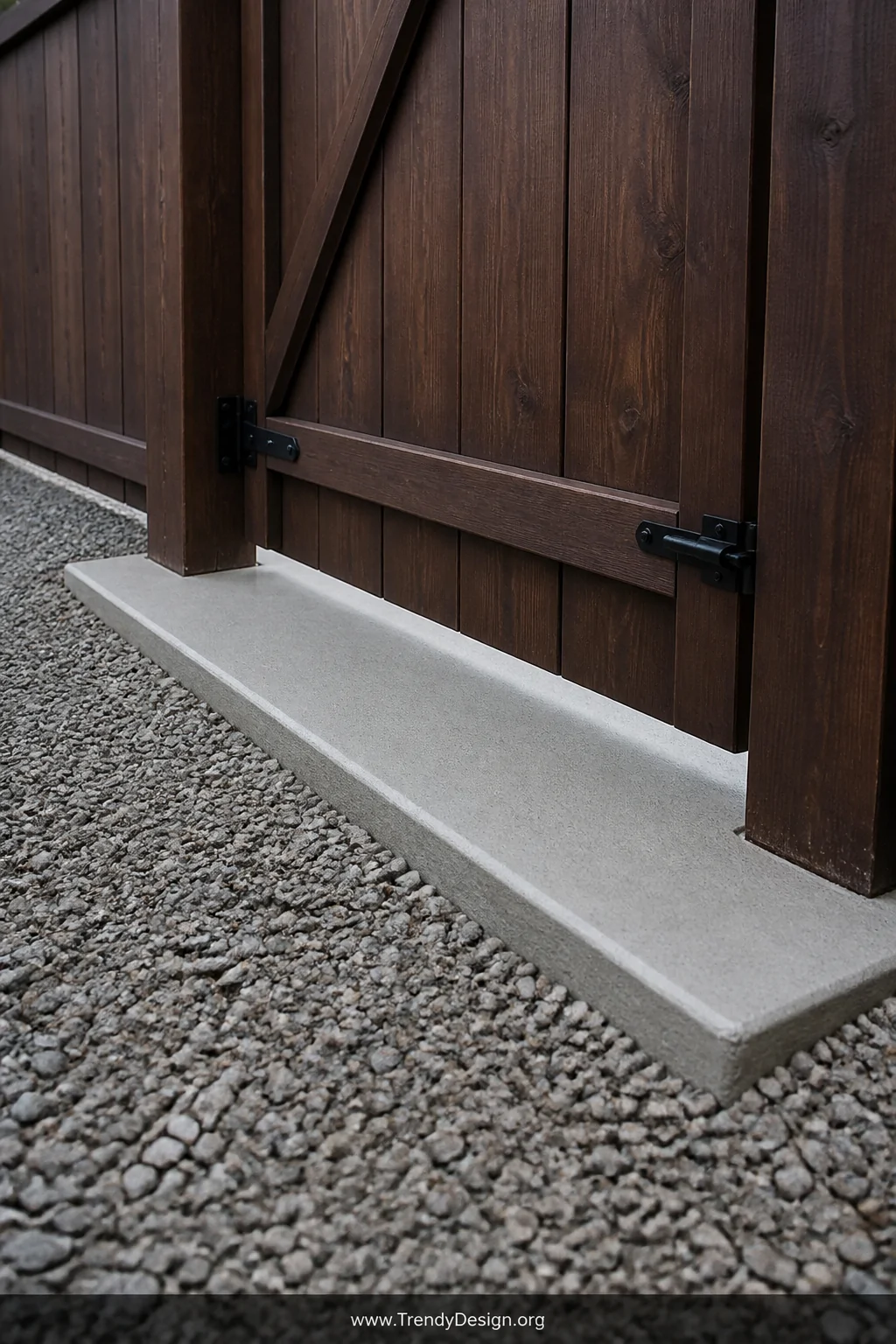 Wide ground-level shot looking along the base of a dark brown wooden fence gate, a freshly poured smooth concrete threshold s