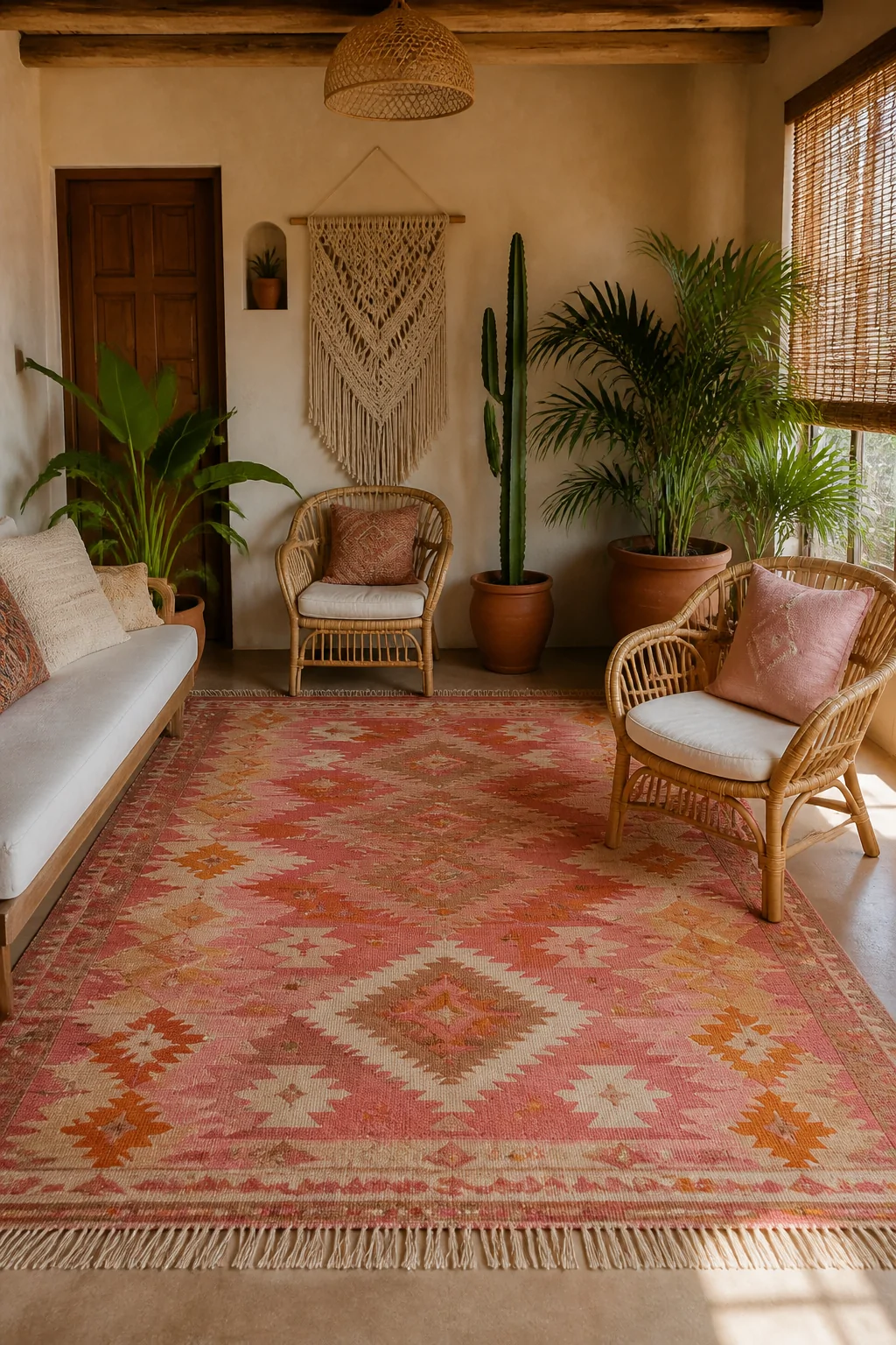 Wide room shot of a boho living space anchored by a flat-weave kilim rug in bold geometric patterns mixing pink, terracotta, 